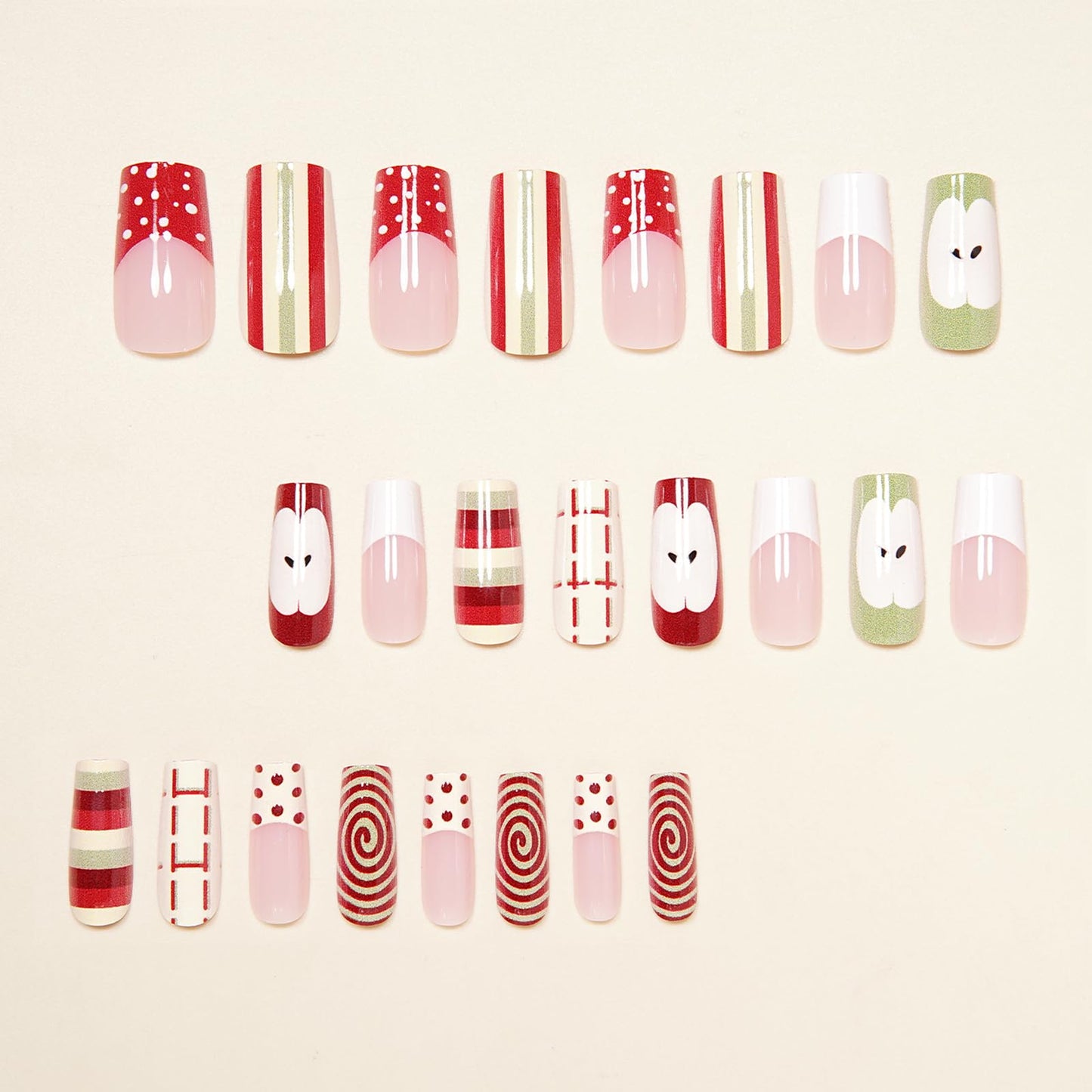 MISUD Press on Nails - Long Square Fake Nails with Red Green Apple, Acrylic Stripe French Tip Design 24 pcs