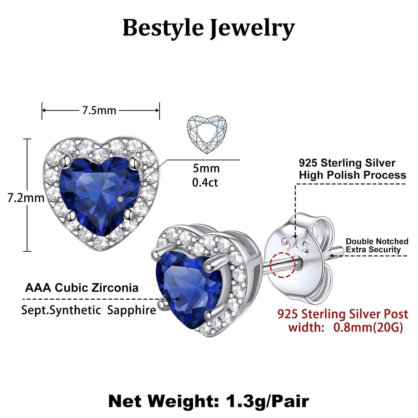 Bestyle Adorable September Sapphire Birthstone Stud Earrings 925 Sterling Silver CZ Heart Gemstone Studs Earrings Great Birthday Gift for Daughter/Wife/Mom/Grandma