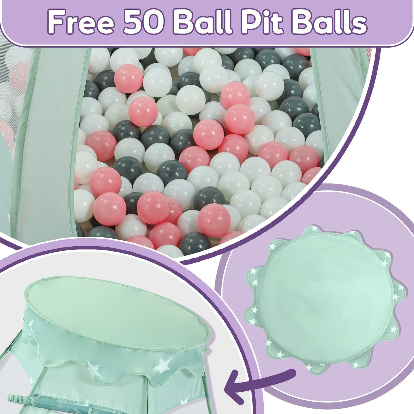 Wilhunter Baby Ball Pit Tent with 50 Balls - For Toddlers, Pink/White/Gray Princess Playhouse with Carry Bag, 109x90cm