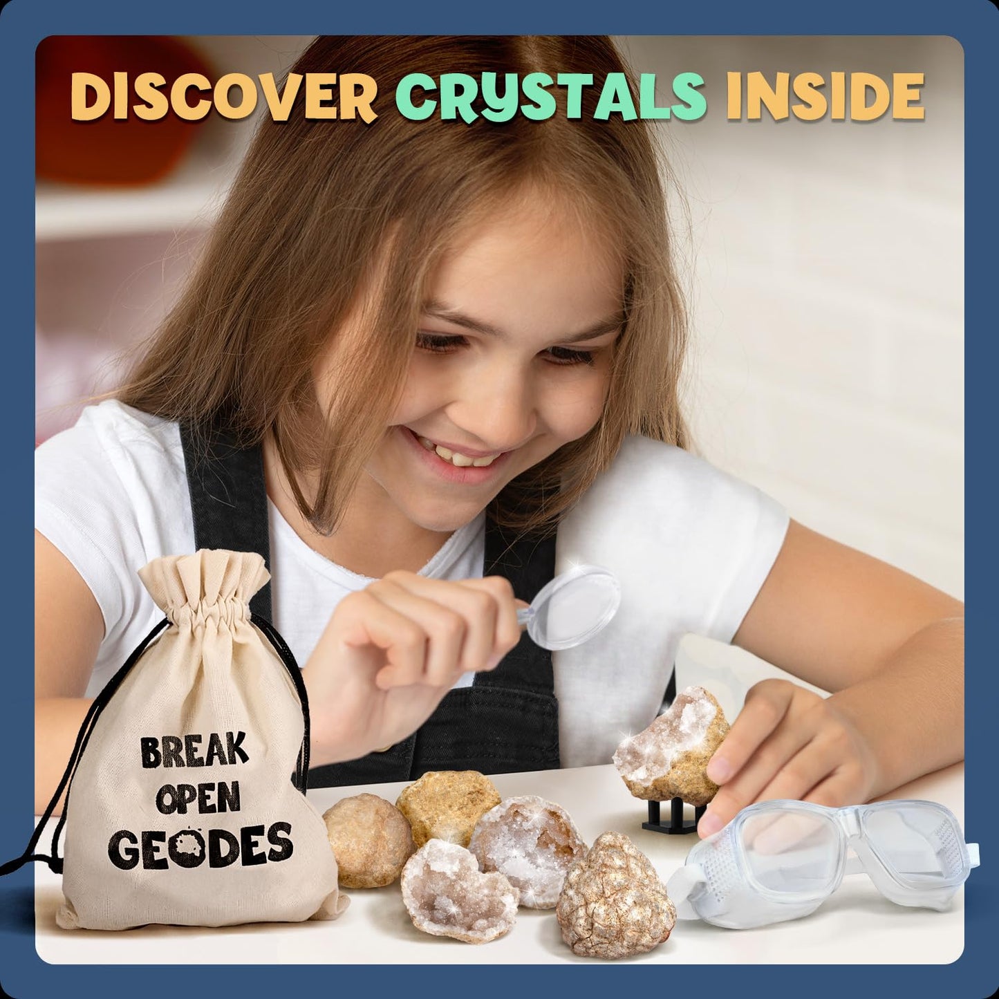 Break Open 10 Premium Geodes with Crystals – Great STEM Science Gift for Mineralogy & Geology Enthusiasts of Boys and Girls for Any Age - Includes Goggles, Learning Guide & 2 Display Stands