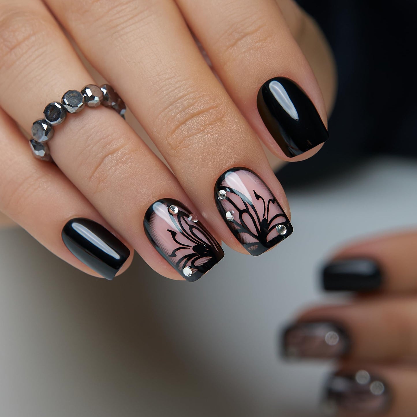 CurvLife Black Press On Nails Short Square, Rhinestone Swirl Design Soft Gel Acrylic Stick On Nails Tips, Salon Quality Glue On False Nails Kit for Women