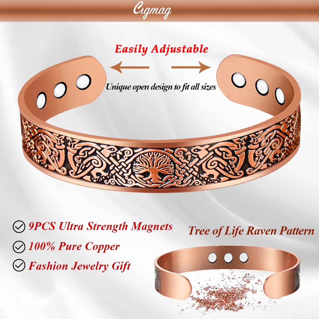 Cigmag 9X Copper Bracelet for Men Copper Magnetic Bracelet Ultra Strength Magnets Tree of Life Raven Pattern Adjustable Solid Pure Cuff Bangle