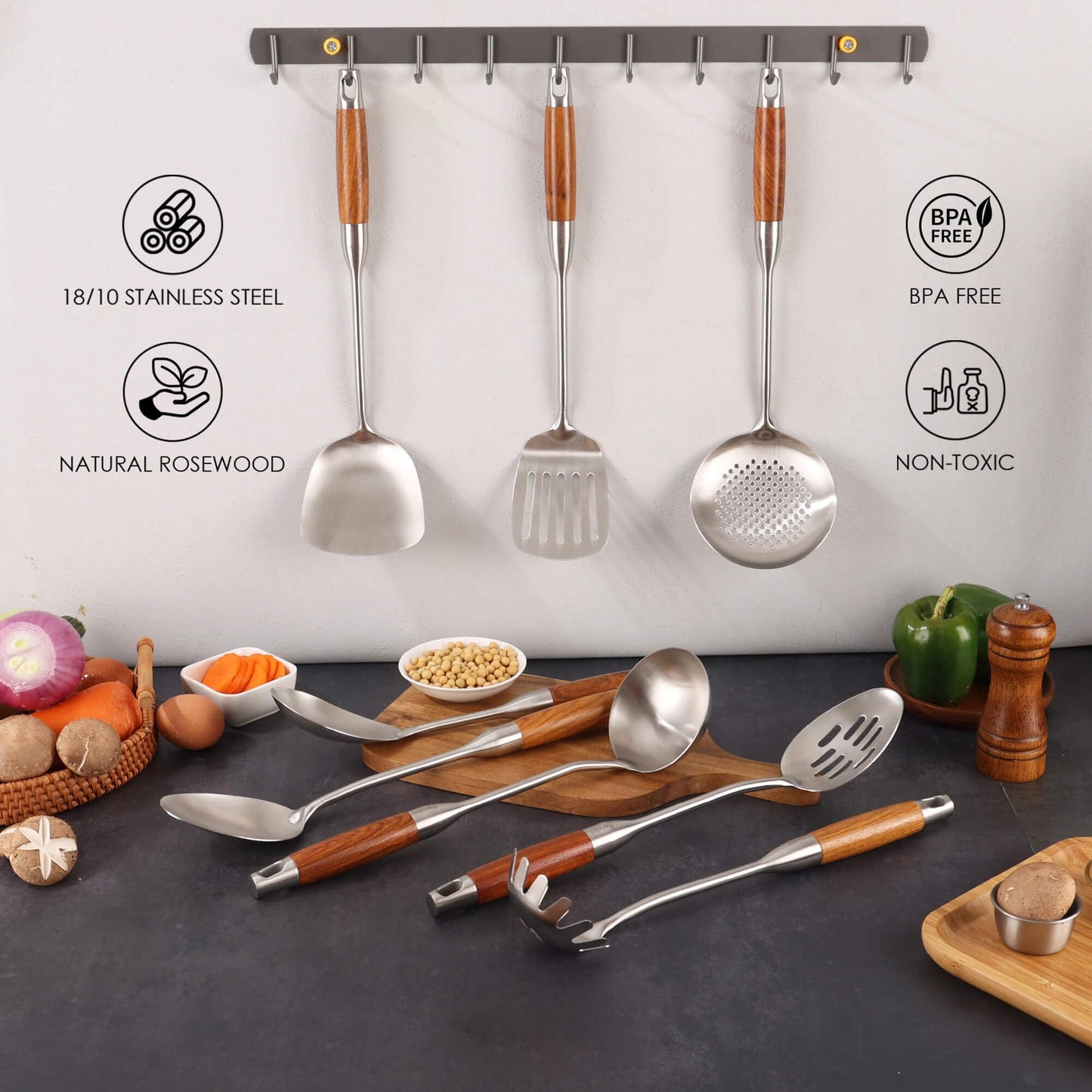 18/10 Stainless Steel Kitchen Utensils Set with Wood Handle - 15”Metal Cooking Tools & Serving Utensil, 8-Pieces Cooking Spoons Set - Spatula, Ladle, Skimmer, Turner, Pasta, Solid Spoon, Slotted Spoon