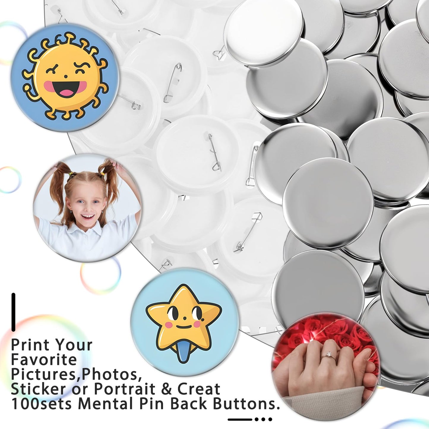 Yuanan 100 Sets Button Maker Supplies 58mm/2.25 Inch Button Supplies with Metal Covers, Pin Backs and Clear Film Badge Parts Pin Buttons Kit for Buttons Makers Machine Pins Maker Press
