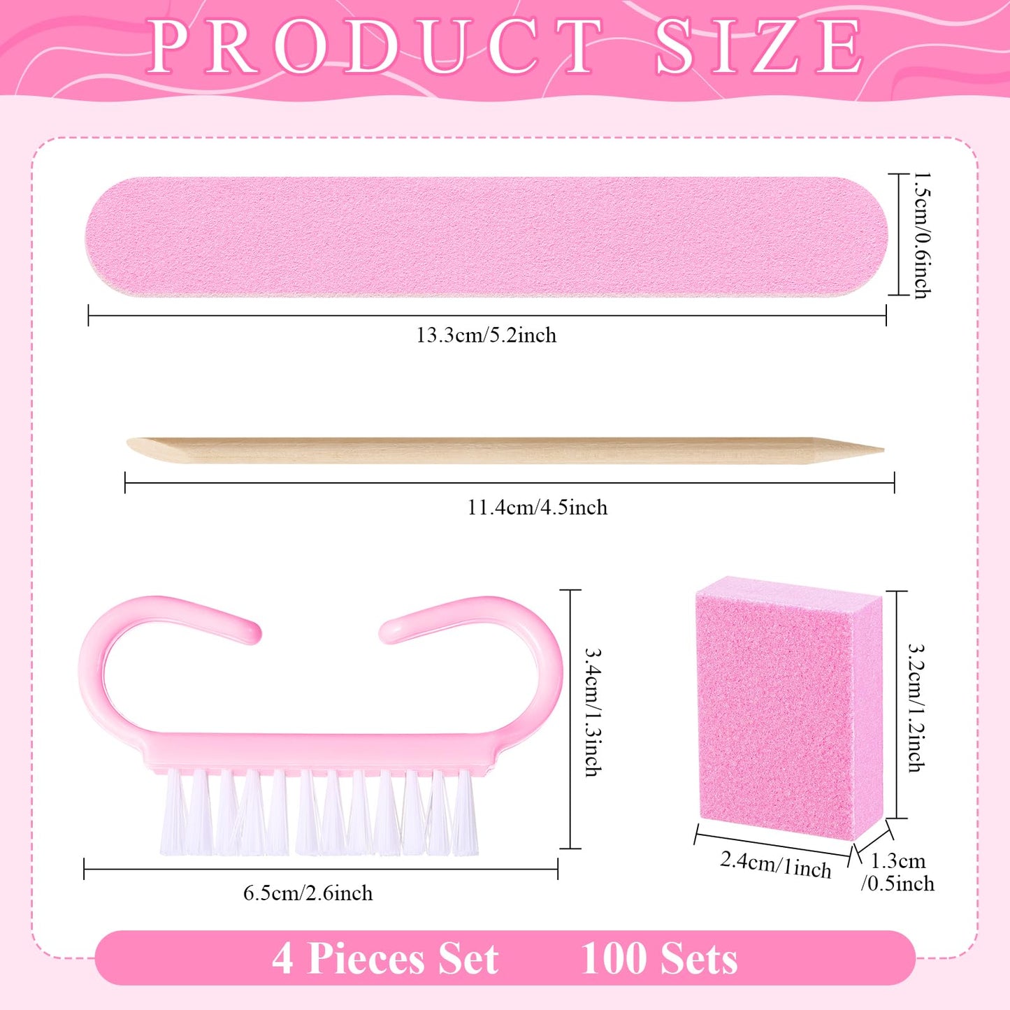 Leriton 100 Sets Mothers Day Professional Disposable Manicure Kit Basics 4 Piece Nail Kit Wood Nail File 100/180 Grit, Mini Buffer 80/100 Grit, Wood Stick and Handle Grip Brush Gifts(Pink)