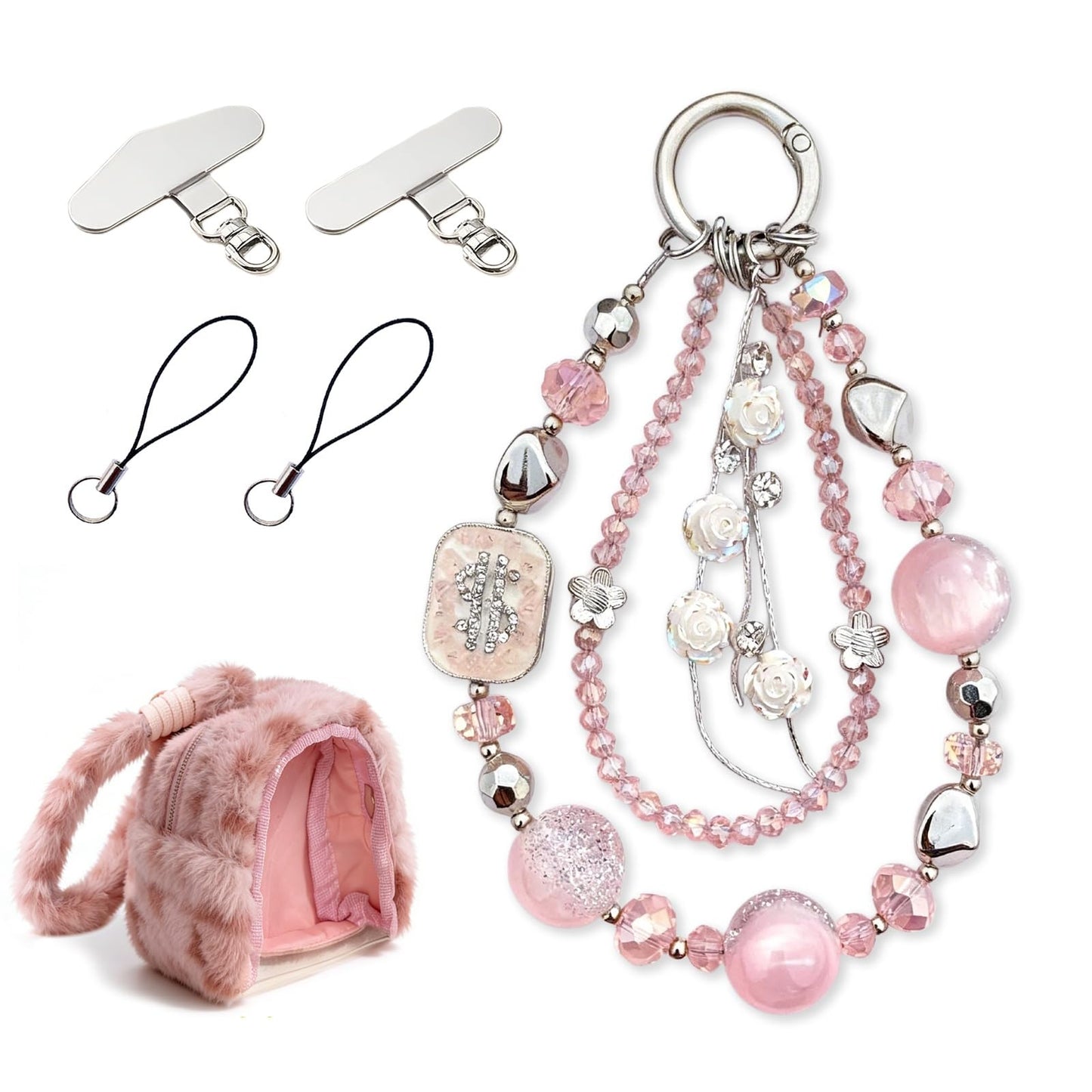 YONONIC Beaded Phone Charm and Plush Doll Protective Case Kit, Cell Phone Chain with Mini Key Headset Bag for Women, Cute Charm Wrist Strap and Portable Storage Bag for Doll Lipstick Cosmetic, Pink