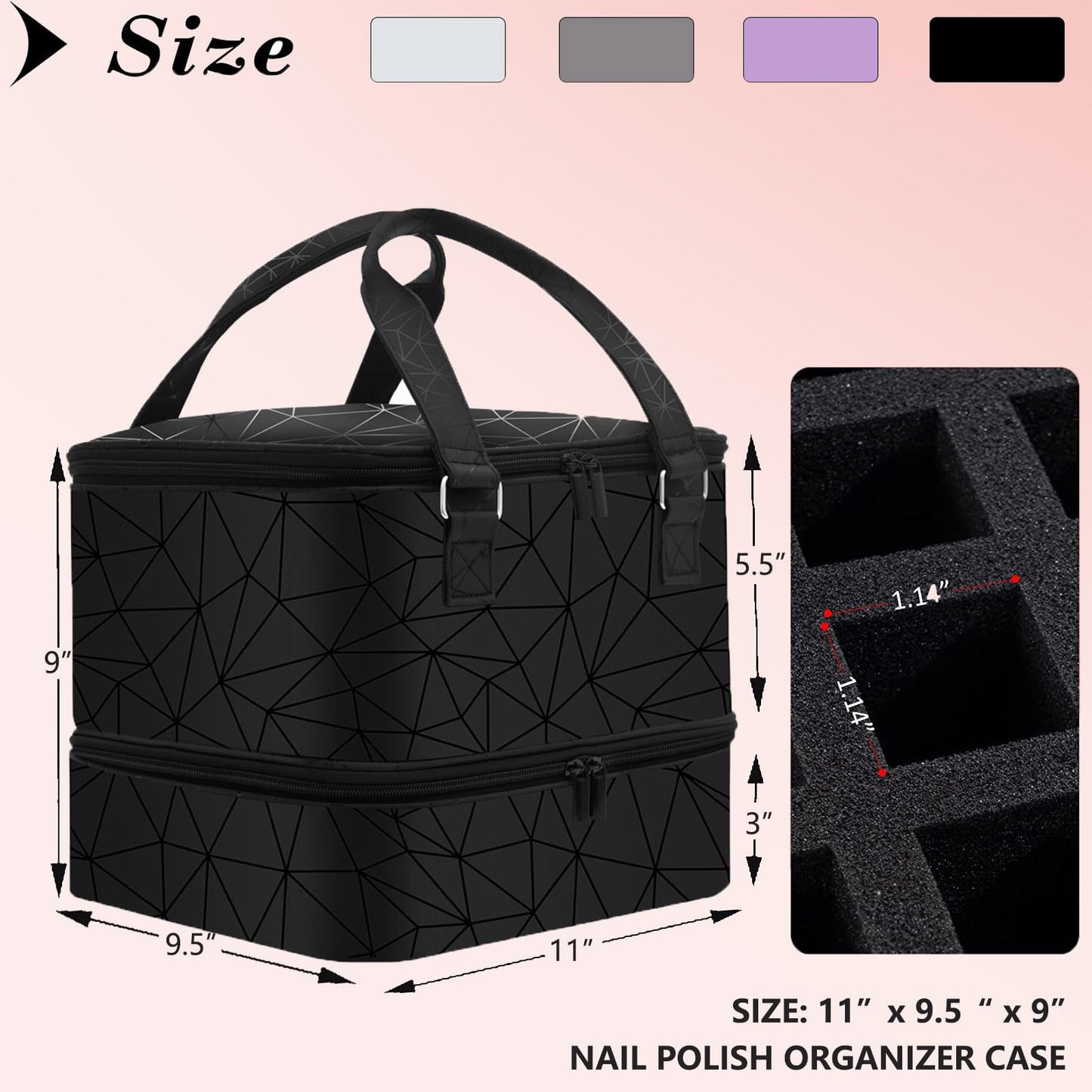 FCQQYWZ Nail Polish Organizer Case - Holds 42+ Bottles (15ml/0.5 fl.oz) and 1 Nail Lamp, Upgraded Double-layer Nail Polish Carrying Case Nail Storage Bag with Handles (Black)