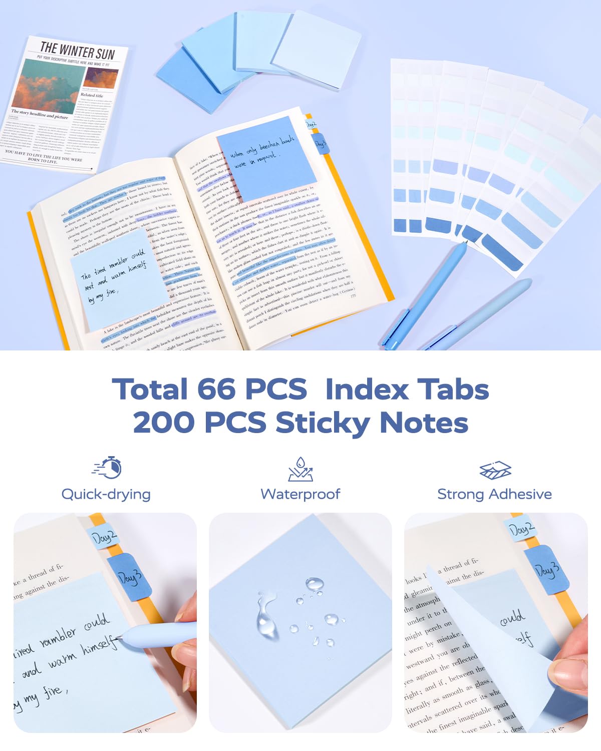Four Candies Blue School Supplies, Gel Pens with Black Ink, Correction Tapes,Pastel Highlighters, Mechanical Pencils, Sticky Notes, Index Post for Bible Study Stationary College Essentials