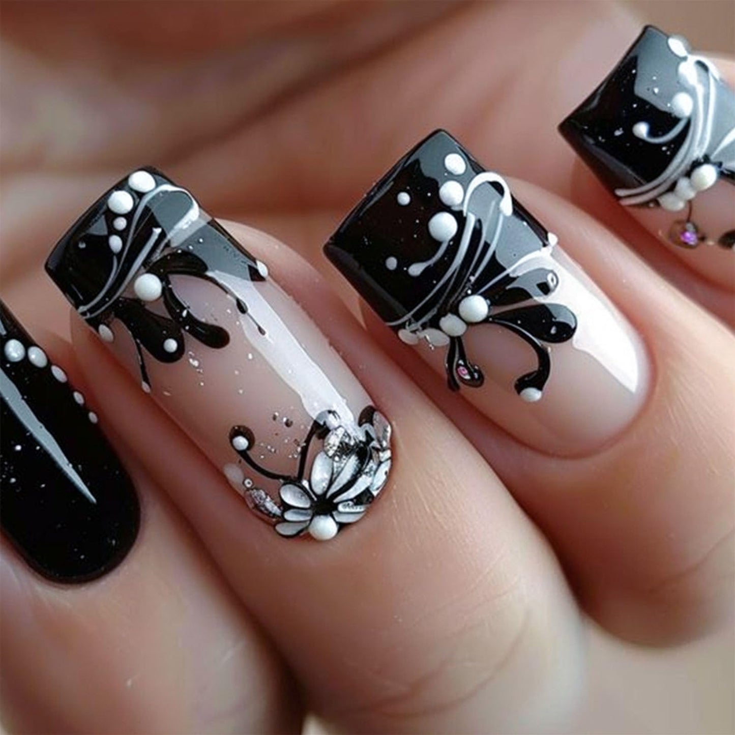 Square Medium Press on Nails French Tip Fake Nails with White Flower Dotted Lines Designs Glossy Glue on Nails Black Full Cover Nails Press ons Acrylic Artificial Stick on Nails for Women 24Pcs
