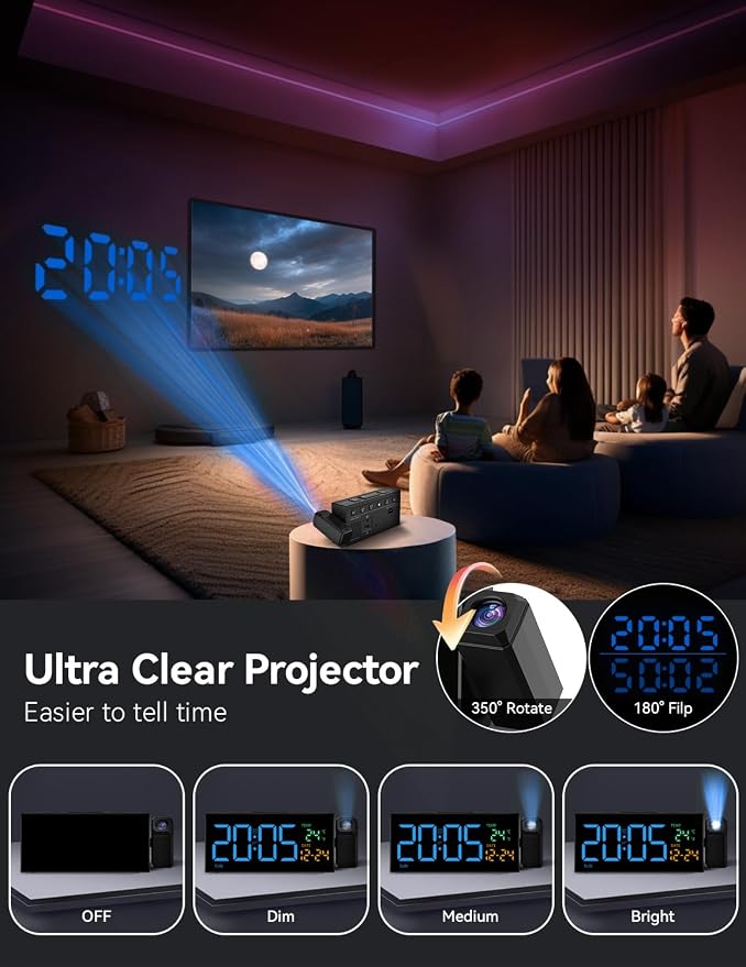Netzu Projection Clock for Bedroom Ceiling, Digital Clocks with 180° Rotatable Projector, Date Temperature and Weekday Blue
