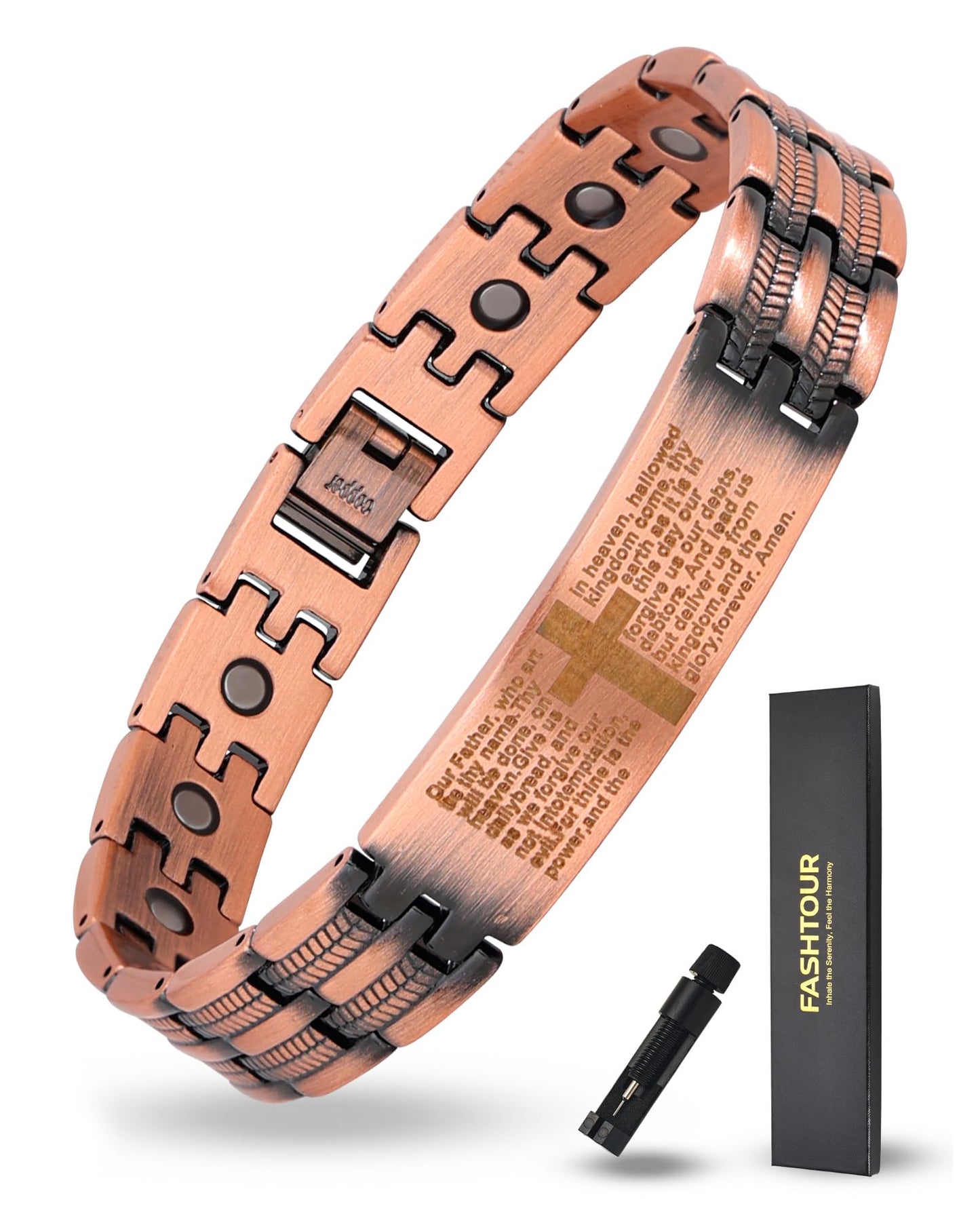 Fashtour Copper Cross Bracelet for Men, Ultra Strength Magnetic Jewelry, Rice-Ear Design Adjustable Copper Biblical Cross Bracelet with Sizing Tool & Box
