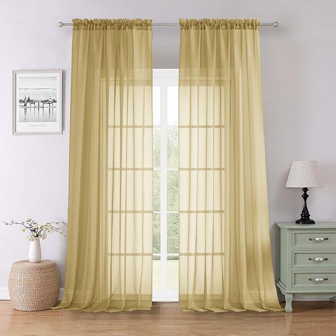 Lecloud Gold Sheer Curtains 96 Inches Long 2 Panels Set, Home Decor Light Filtering Airy Solid Color Drapes, Dual Rod Pocket Living Room Curtains for Bedroom Dining Room, Each Panel 59" W x 96" L