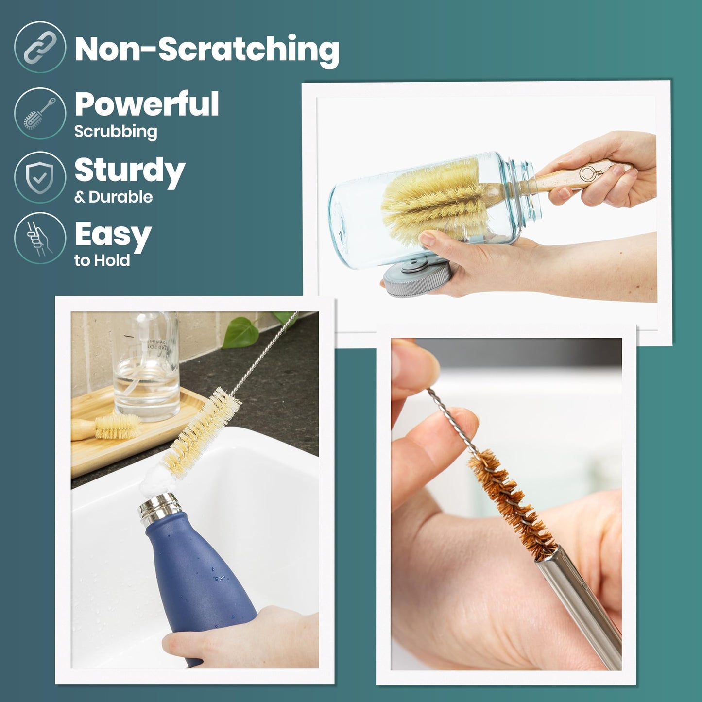 Bottle Brush Set - Ergonomic & Plastic Free Bamboo Bottle Brush, All in One Bottle And Straw Brush Cleaning Set, Sturdy Eco Friendly Water Bottle Cleaner Brush Set, Great Baby Bottle Cleaner Brush Set