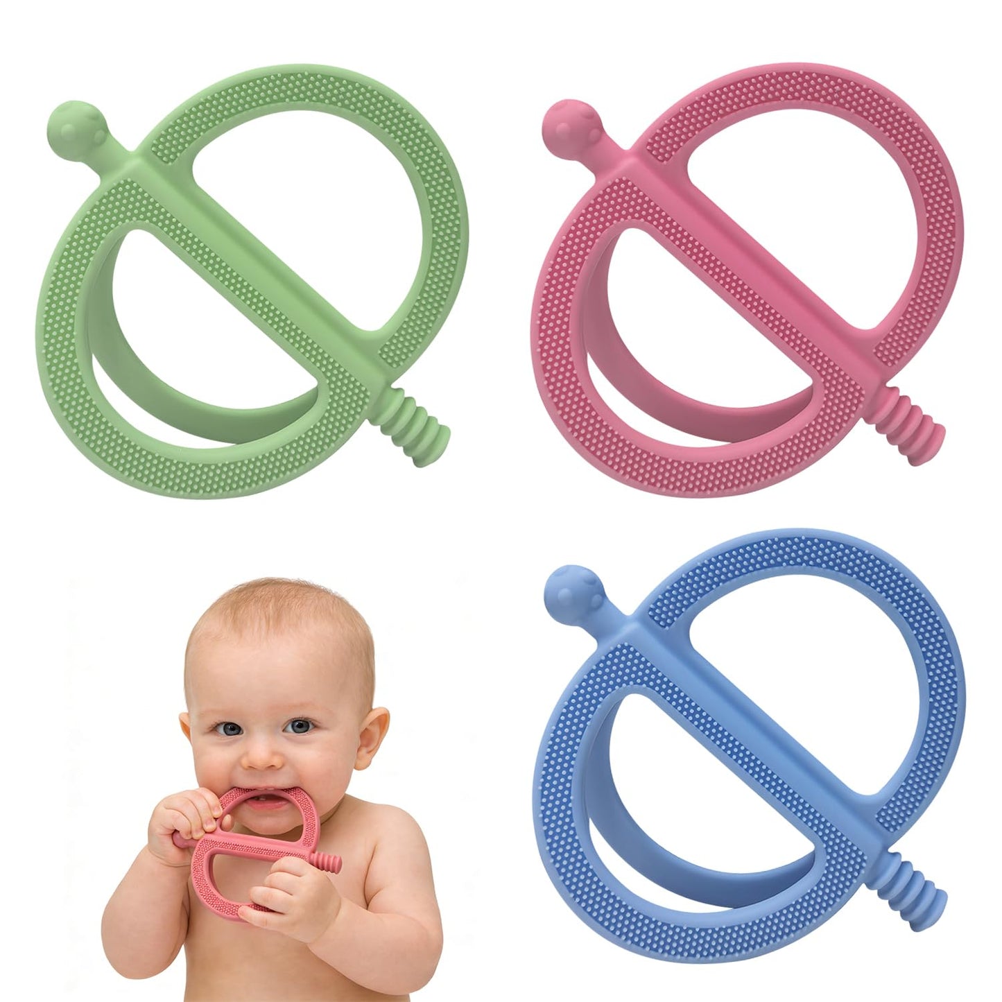 MACLUD 3 Pack Baby Teething Toys, Anti Dropping Wrist Hand Teethers & Easy-Grip Teether Ring, Food-Grade Silicone for Teething Relief, Newborn Essentials Chew Toys 0-12 Months（Blue&Pink&Green）