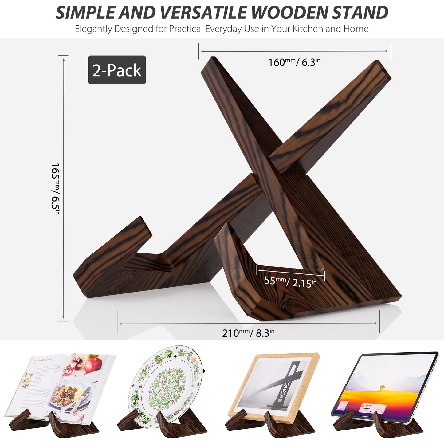 CeleVista Cookbook Stand for Kitchen, Wooden Cook Book Holder, Plate Stands for Decor Display, Recipe, Counter, Photo, Gift(Rustic Brown) (6.5in-2P)