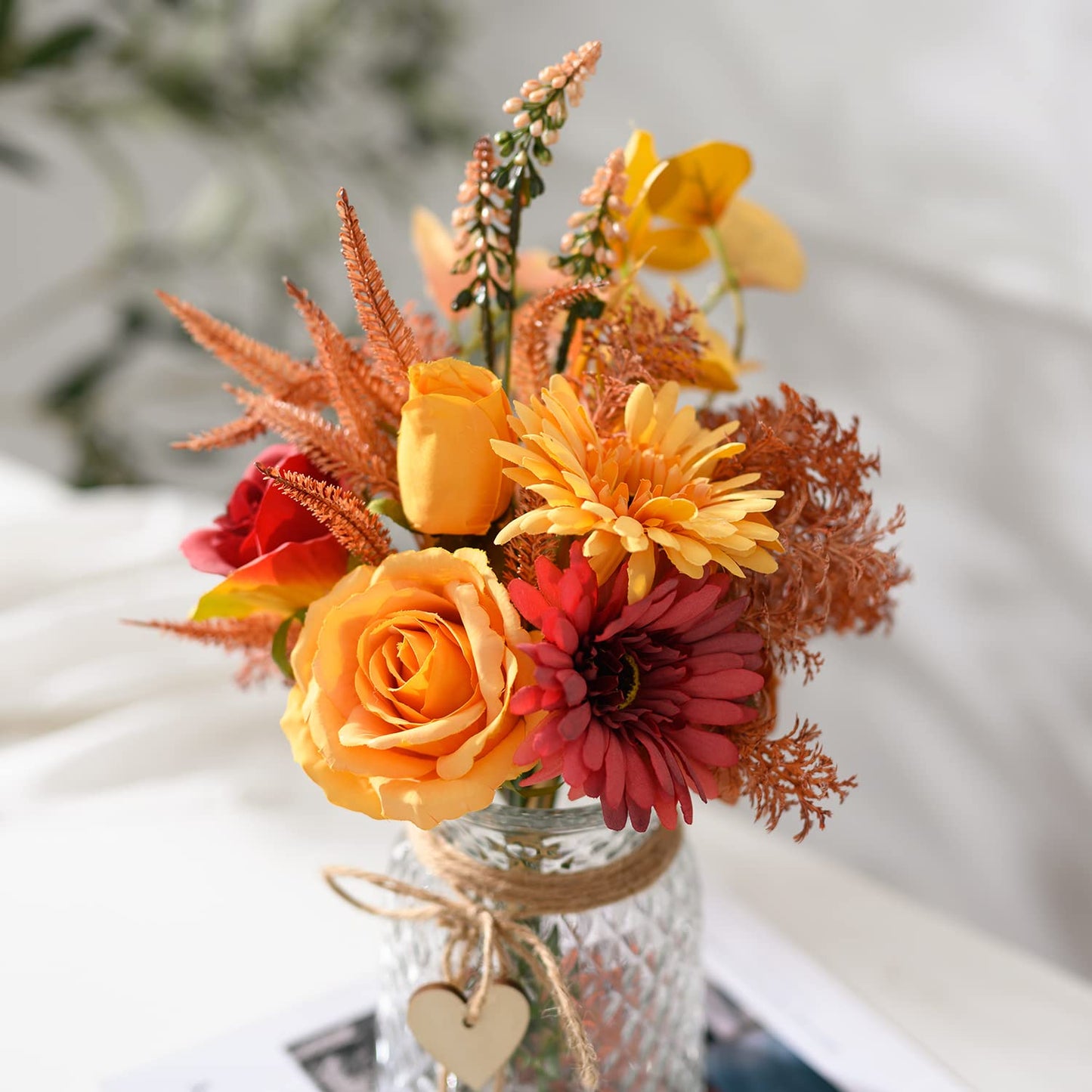 COZZI CODI Artificial Flowers with Vase, Faux Silk Flowers Arrangement in Vase, Rustic Home Office Decorations, Farmhouse Dining Table Decor, Coffee Table Centerpiece, Fall Table Plant Decor