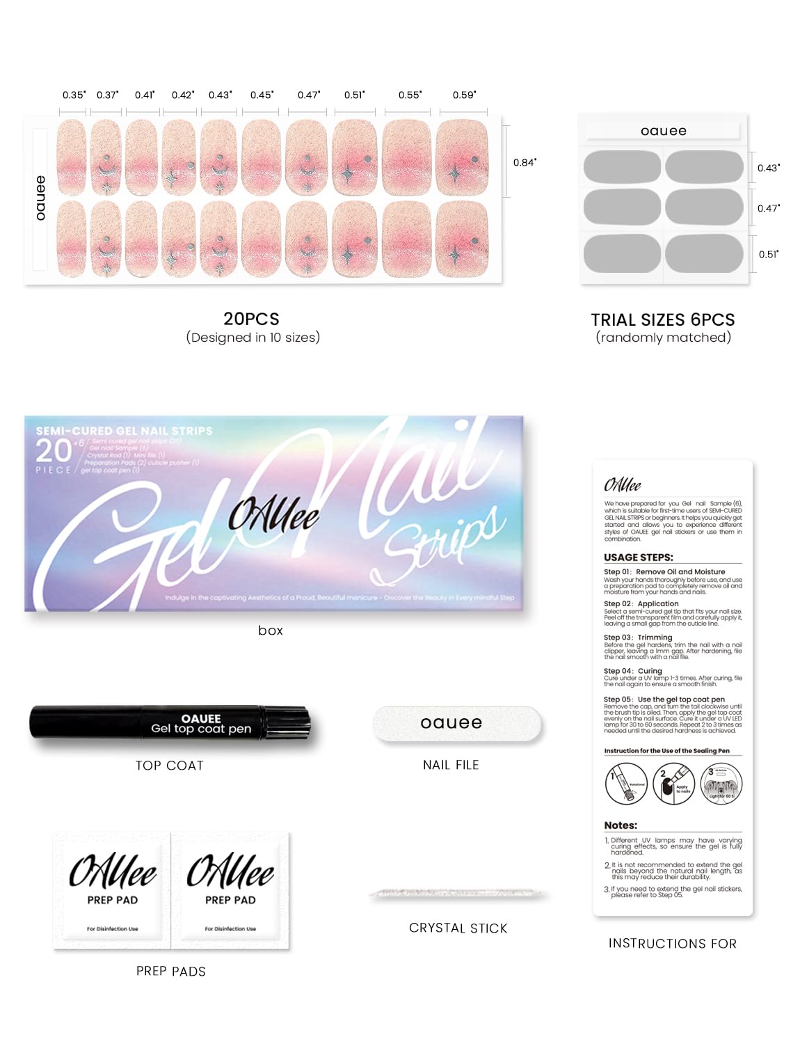 Oauee Semi Cured Gel Nail Strips | Built-In Gel Top Coat | UV Light Required | Salon Quality, Easy Application And Removal (Moon Blush)