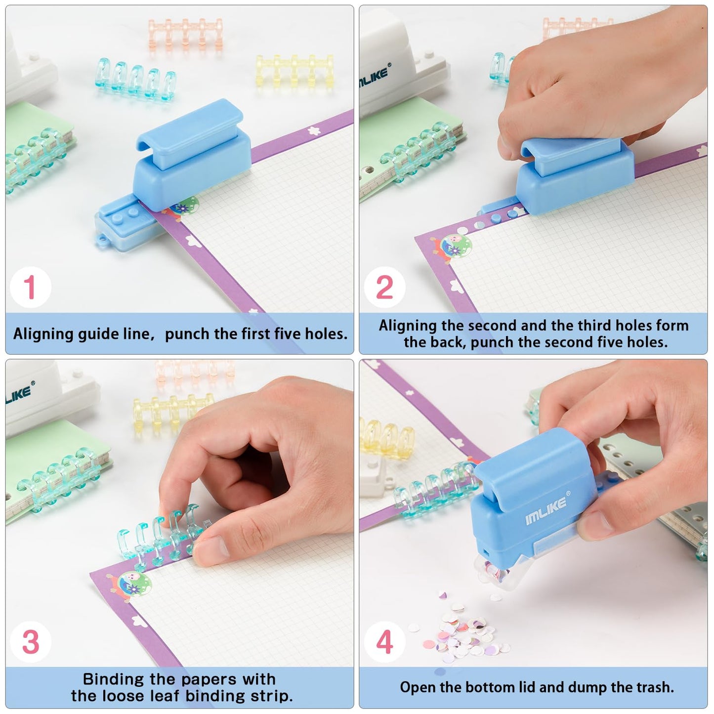 Mini 5-Hole Binding Machine - IMLIKE 5 Holes Binding Machine with 16 Loose-Leaf Binding Strips - Easy to Add or Remove Papers, 4 Sheets Capacity (A4/30 Holes, B5/26 Holes, A5/20 Holes) - Blue
