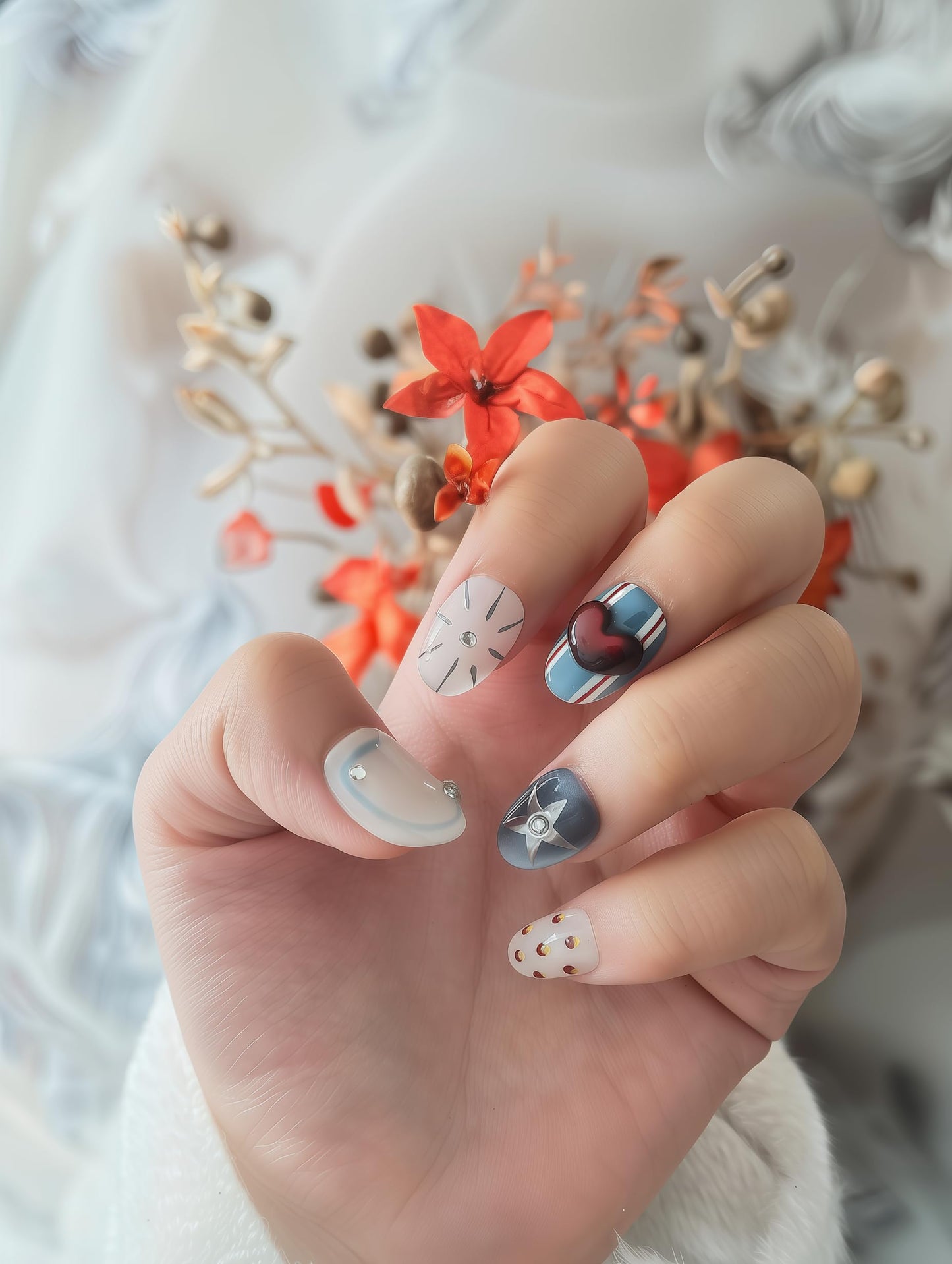 Fine Point Handmade Short Press On Nails - Heart 3D Design Cat Eye Acrylic Nails - Elegant Fake Nails Set | American Sweetheart (Size Medium)