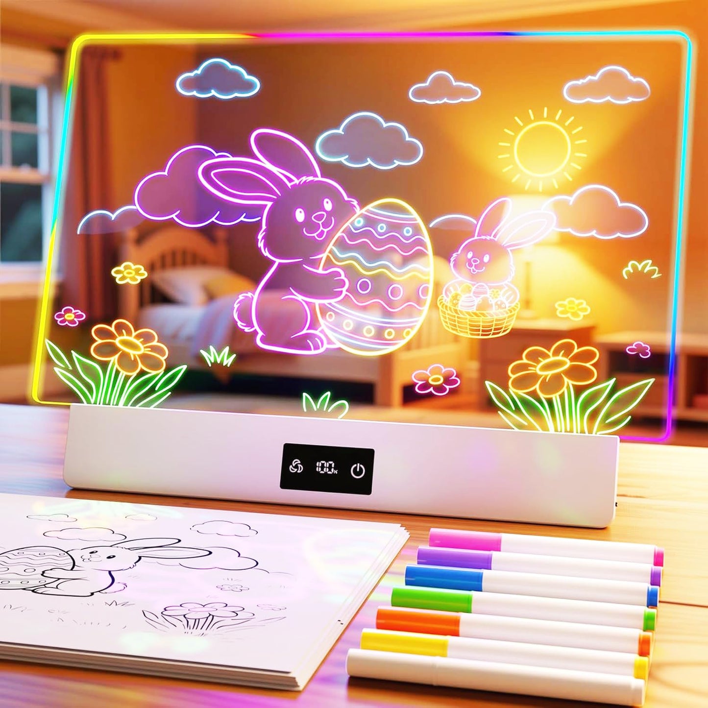 TAEMVV LED Drawing Board for Kids, 16-Inch Rechargeable Light Up Dry Erase Board with 8 Colors, 3 Dynamic Modes, 6-Level Dimmer, 15H Battery, Built-in Stand & Full Kit Clear Milky White