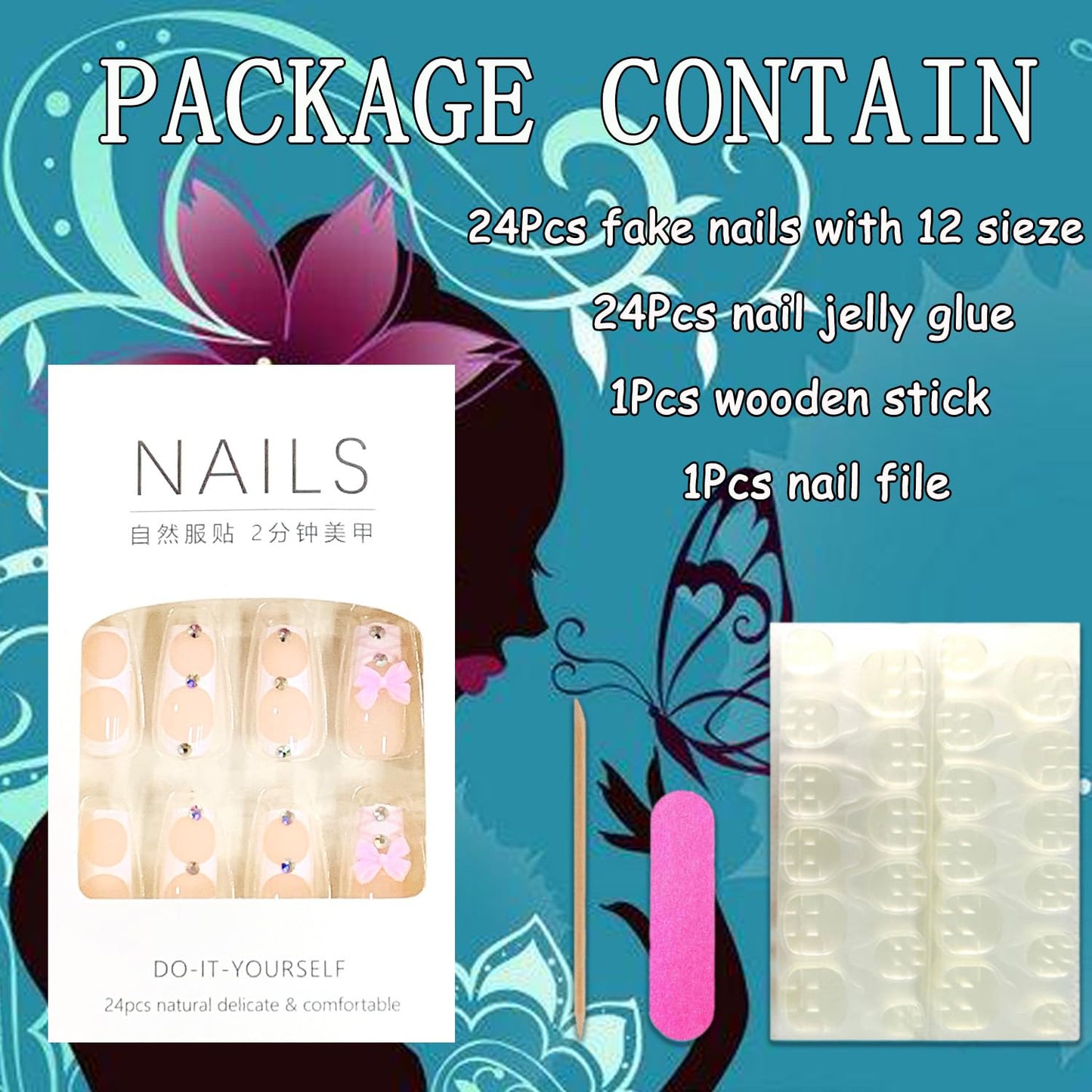 EYZOTSF Press on Nails Medium Square Shaped Acrylic Medium Square Shaped False Nails with Designs Artificial Short Coffin Fake Nails with Charms Glue ons Fingernails for Women Girls(A80408)