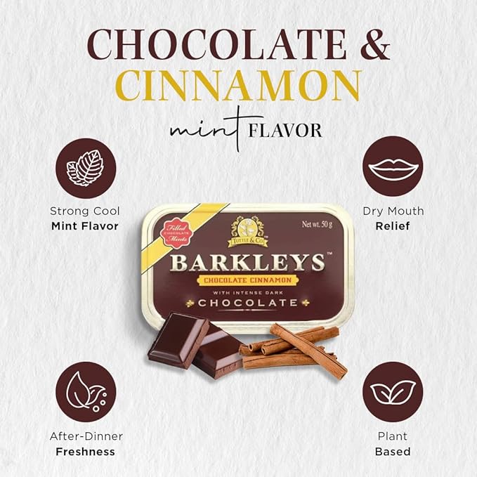 Barkleys Gourmet Chocolate&Cinnamon Breath Mints- Strong Chocolate Cinnamon Flavor for Party-After Dinner-Wedding-Every Day Use-Vegan Mints In Reusable Classic Travel Tins,1 Pack - 50 Count Each