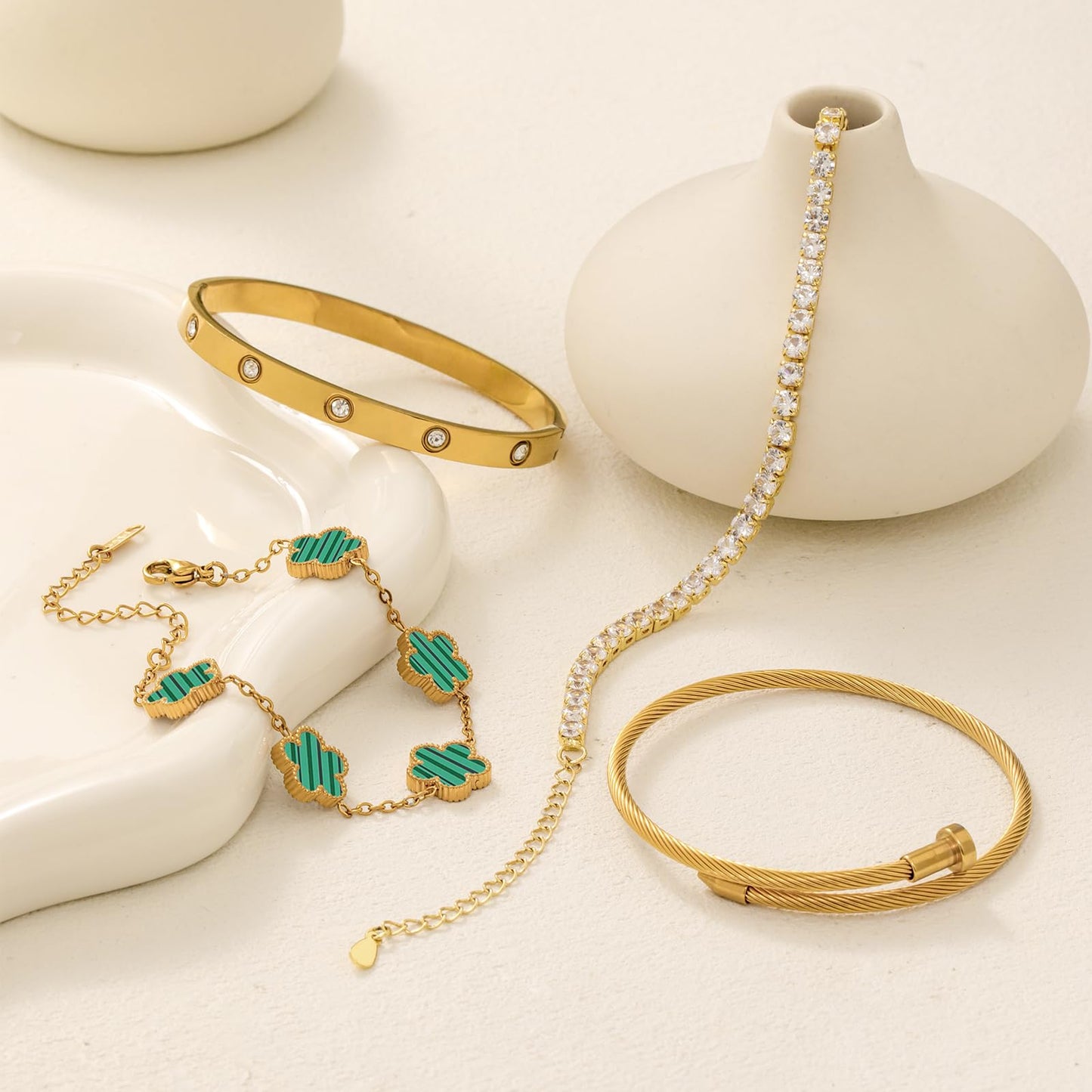 MEIERYA 18K Gold Plated Womens Stackable Floral Bracelets Set,Twisted Cable Bangle,Trendy Jewelry,Waterproof adjustable bracelet,Christmas Birthday Gifts for Girlfriend or Mother. (03-Color-green)