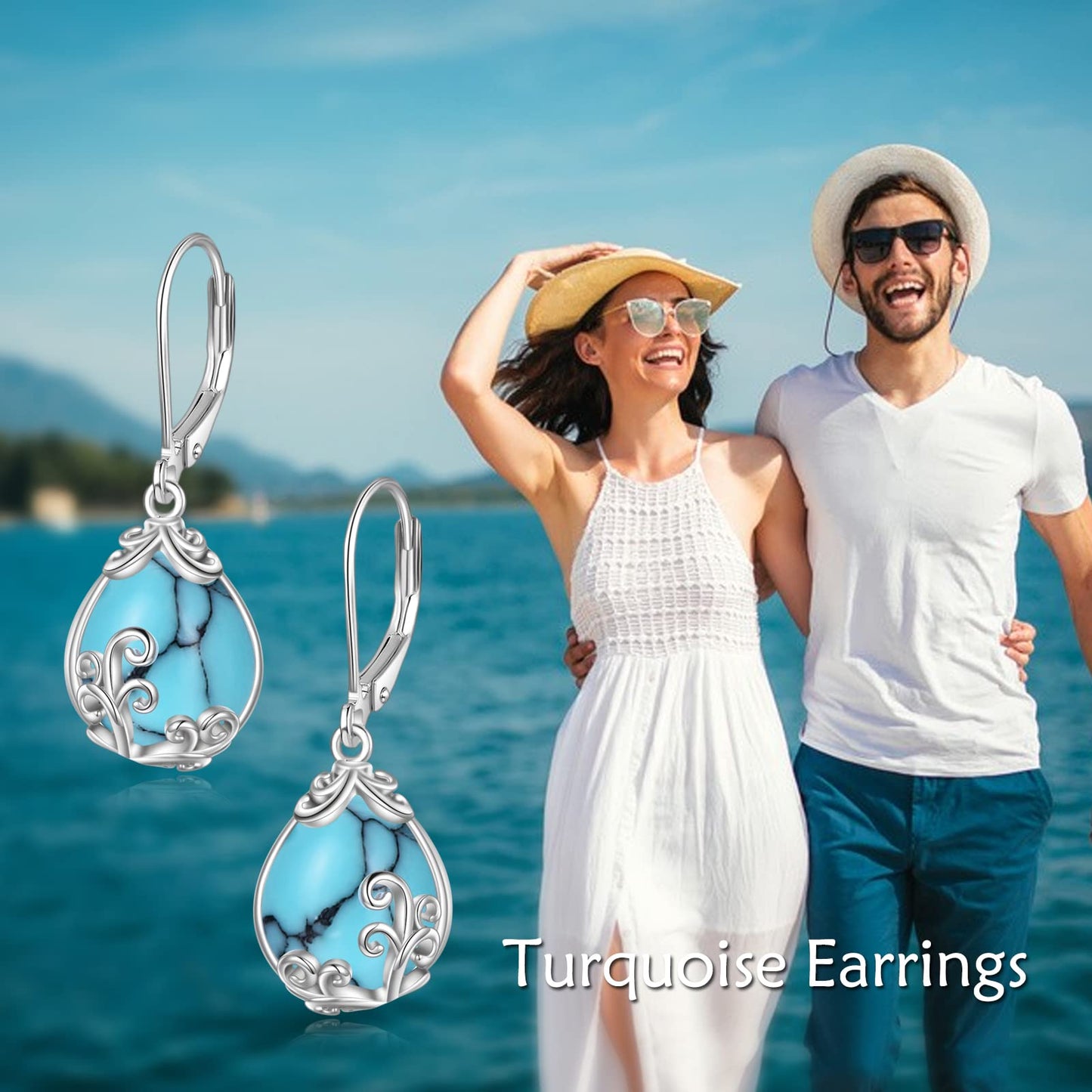 POPLYKE Turquoise Filigree Teardrop Drop Dangle Earrings Sterling Silver Leverback Earrings Jewelry