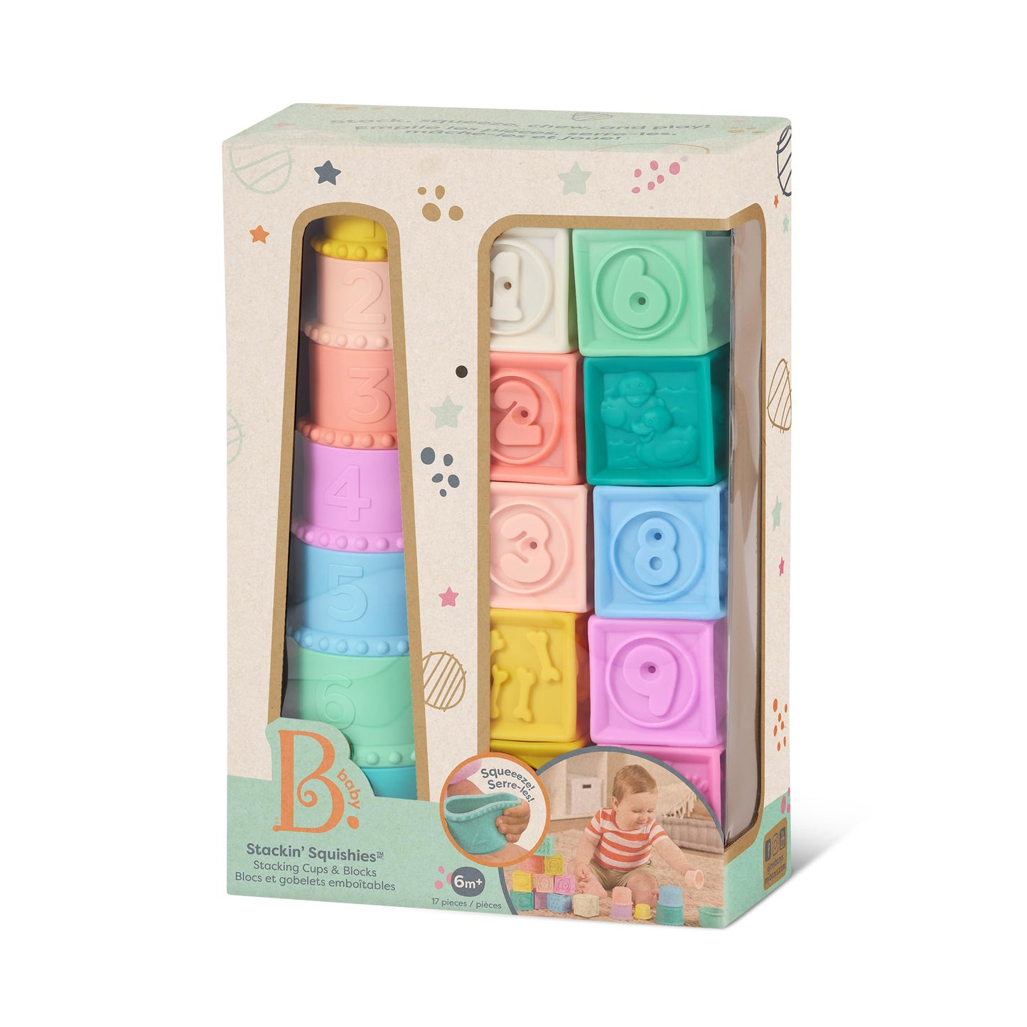 B. toys – Sensory Baby Toys – Soft Baby Blocks – Stacking Drip Cups – Numbers, Shapes & Animals – 6+ Months – Stackin' Squishies