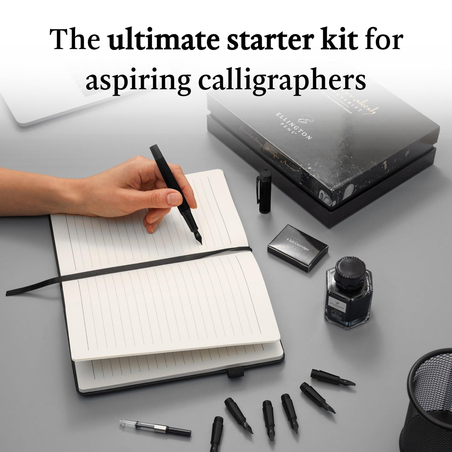 Ellington Pens Luxury Calligraphy Set - Premium Fountain Pen with 6 Nibs, 50 ml Black Ink Bottle, 6 Cartridges, Converter, Elegant Gift Box – Perfect for Drawing, Writing, Gifting (The Stealth)