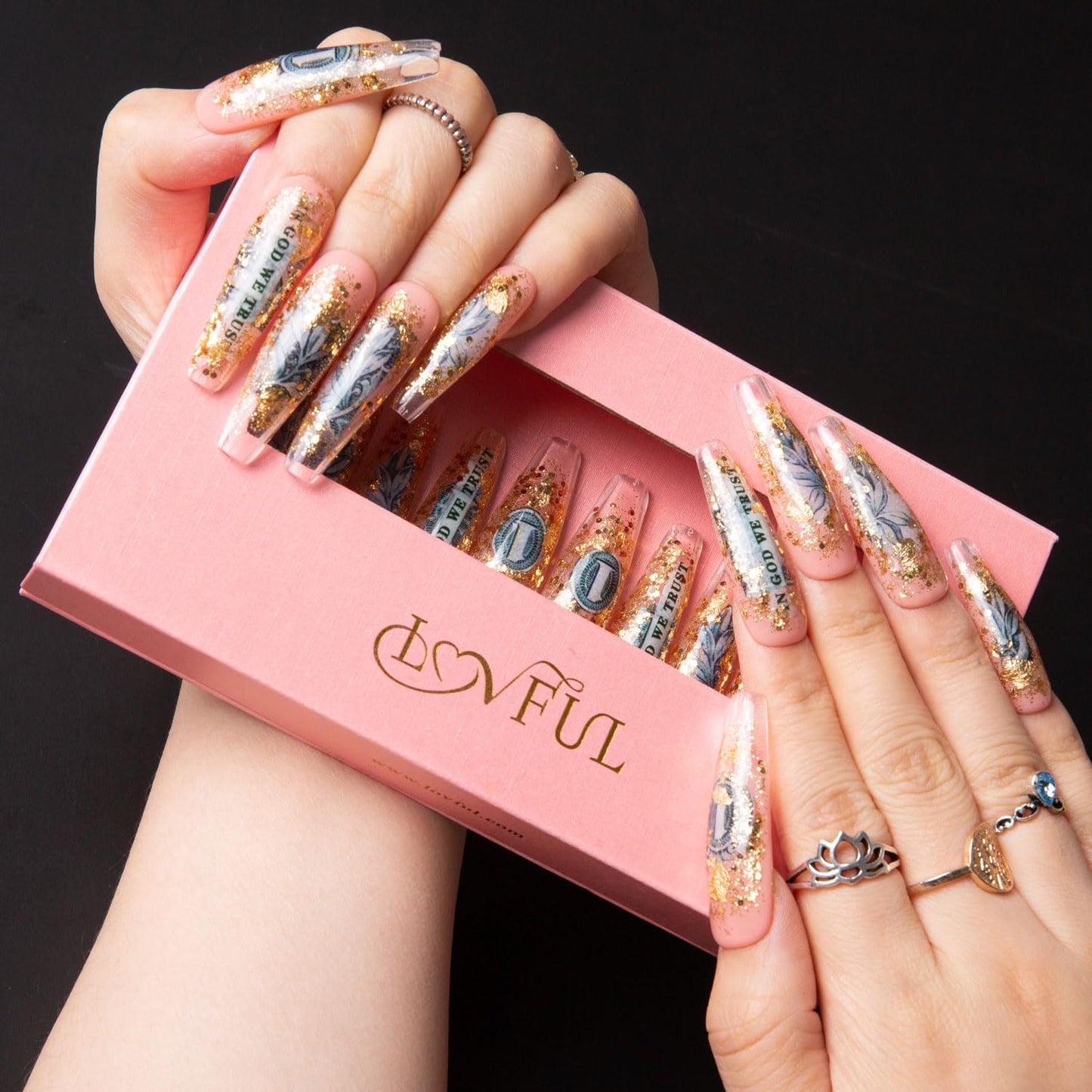 LOVFUL Press on Nails Dollar | Handmade with Full Covered Crystals | Reusable Fake Nails | Coffin Mid length 1.7 in | H98-S