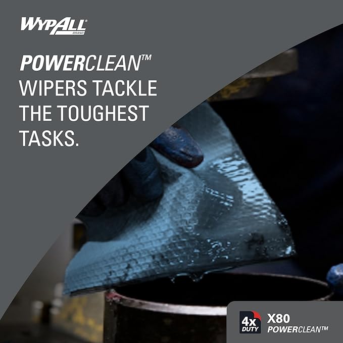 WypAll PowerClean X80 Cloths Heavy Duty Wipes (41043), Jumbo, Extended Use Towels, Blue (1 Roll of 475 Sheets, 475 Sheet Total)