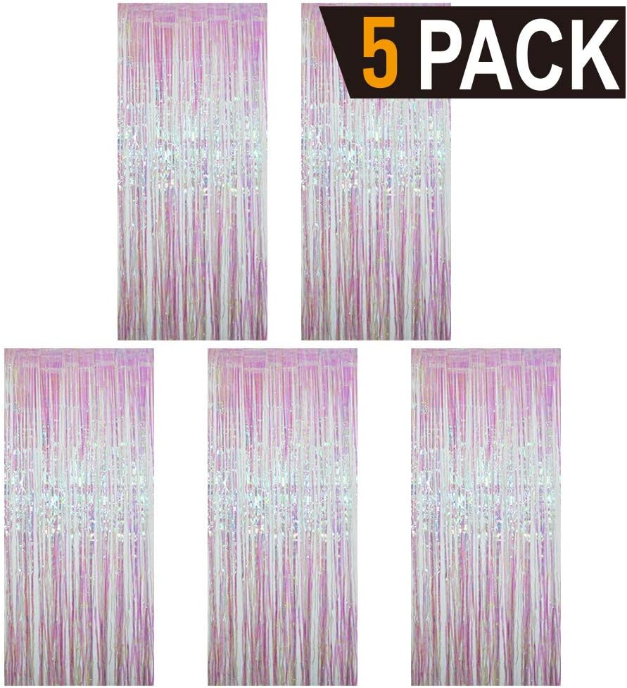 GOER 3.2 ft x 9.8 ft Metallic Tinsel Foil Fringe Curtains Party Photo Backdrop Party Streamers for Birthday,Graduation,New Year Eve Decorations Wedding Decor (Iridescent,5 pcs)