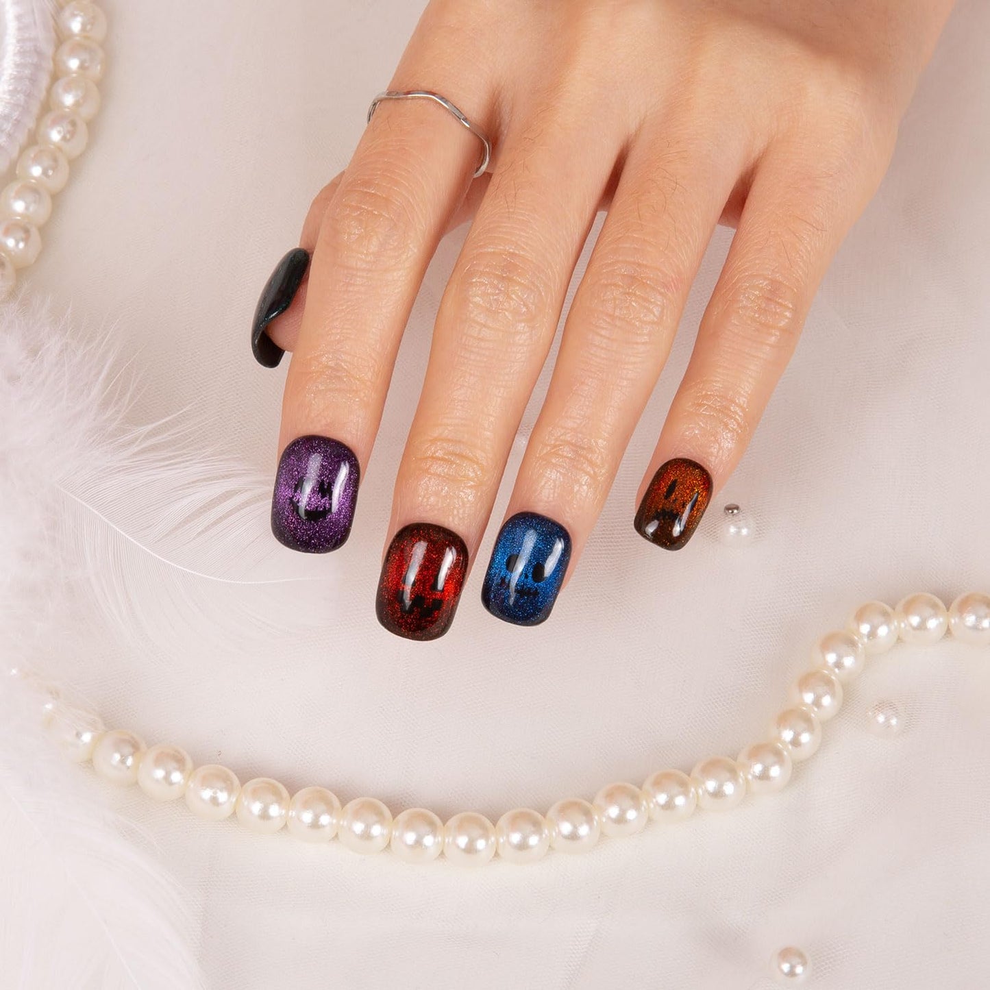 LOVFUL Press on Nails Spectral Jack-o'-lantern| Handmade with Full Covered Crystals | Reusable Fake Nails | Square Short 0.8 in | H336-S