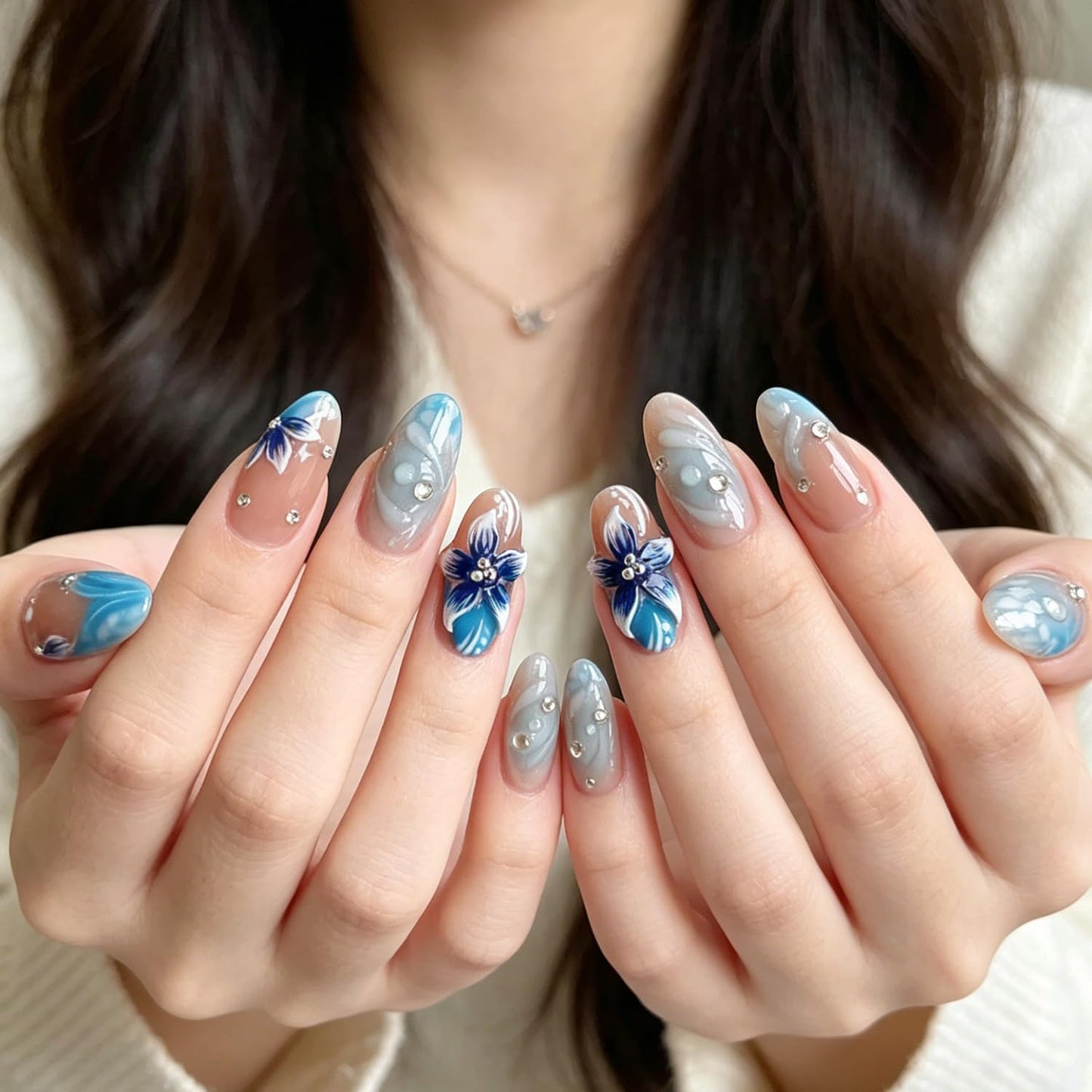 Nude Blue Ocean Press on Nails, Medium Almond Handmade 3D Flower Fake Nails with Rhinestone Designs,Glossy Reusable False Nails with Glue Tabs for Summer Vacation 30Pcs Nail Kit for Women