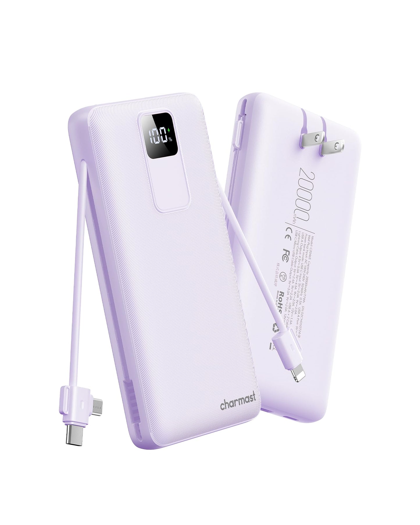 charmast 20000mAh Portable Charger with Built-in Cables & Wall Plug, 20W USB C Power Bank, Fast Charging Battery Pack Travel Essentials Compatible with iPhone 16/15/14 Series, Samsung, Google, iPad