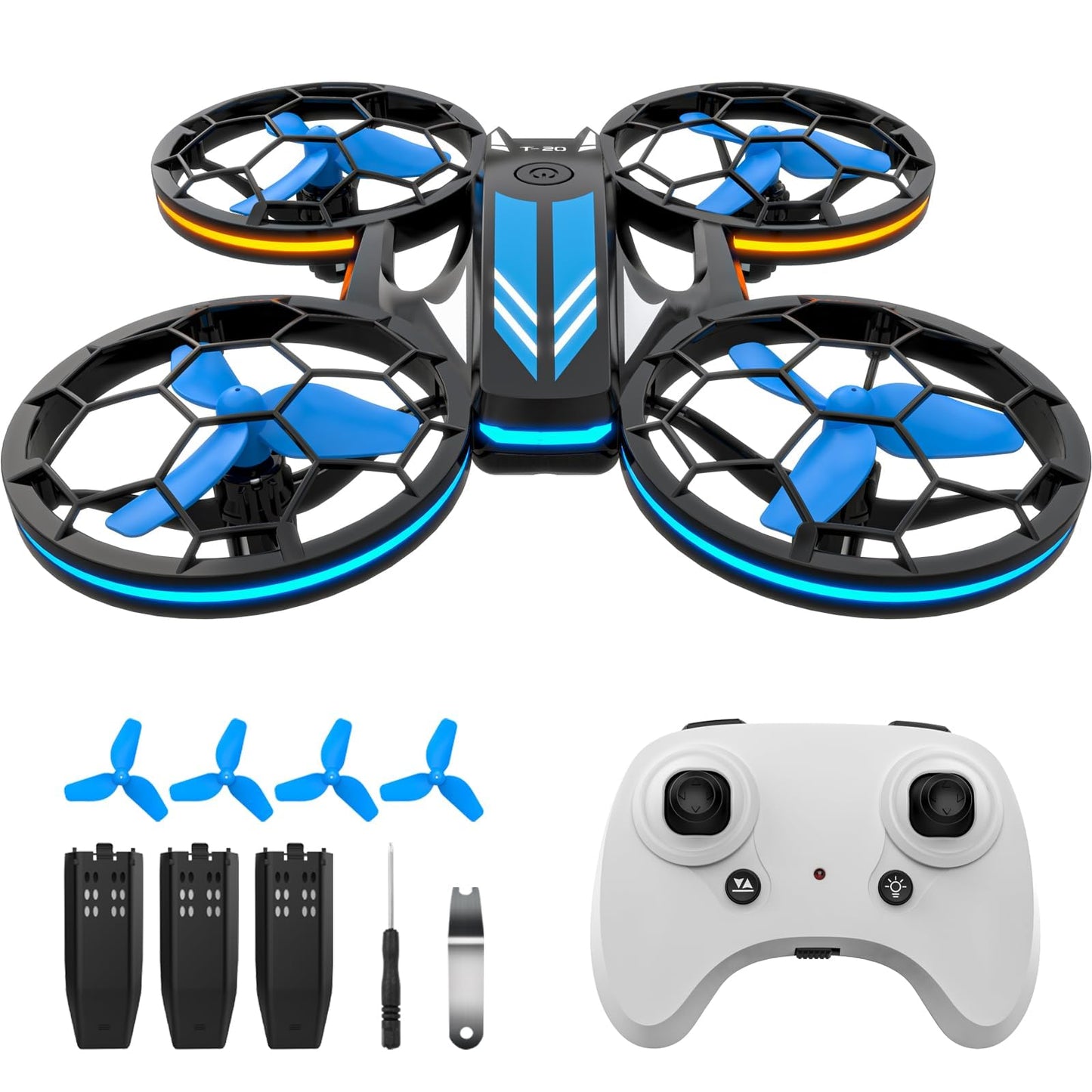 Drones - RC Drone with Auto Hovering and Headless Mode, Quadcopter with LED Light, Propeller Full Protect, 3D Flips, 3 Batteries, Remote Control, Best Gifts