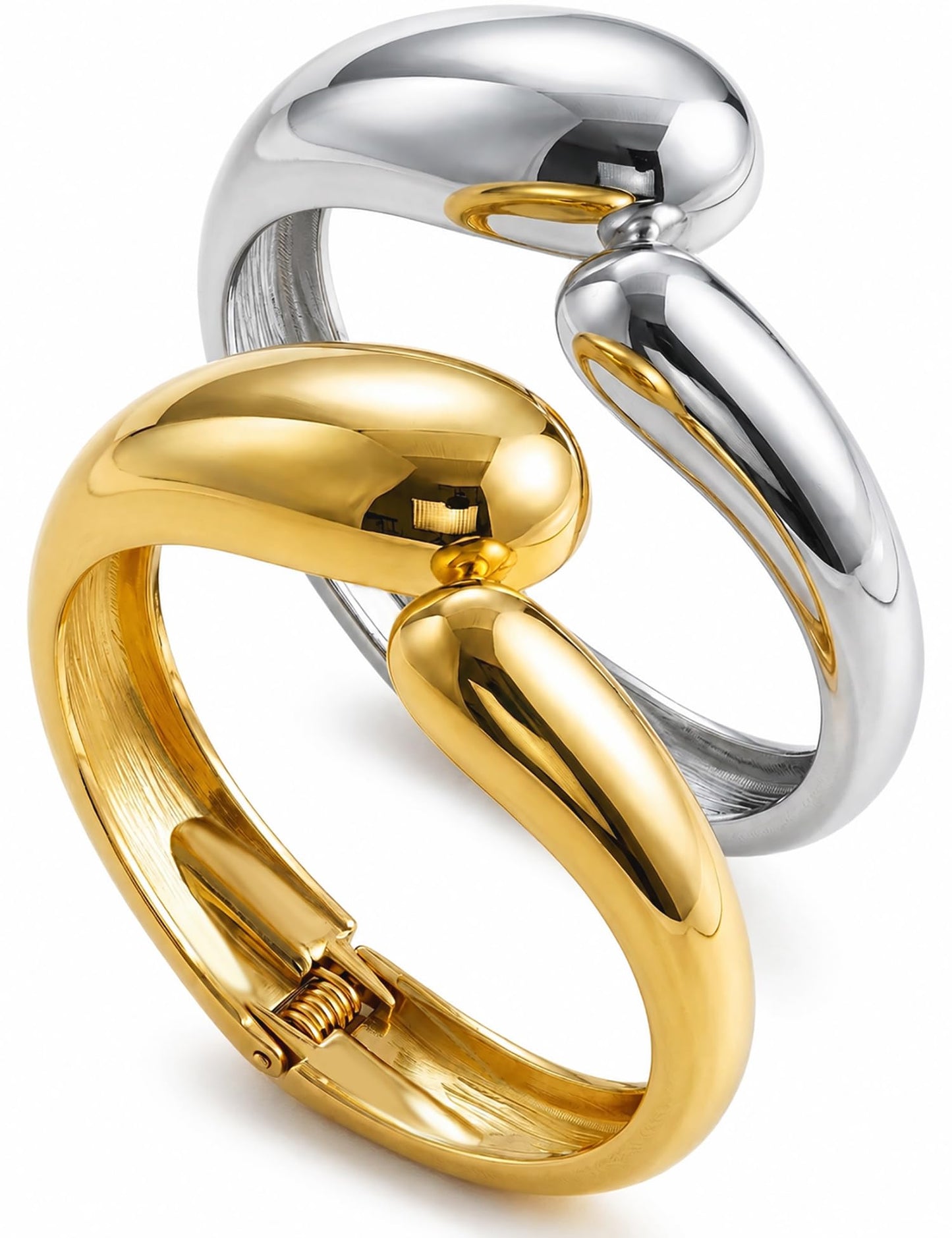 Chunky Gold Bangle Bracelets for Women, Dainty 14k Gold Plated Big Stackable Bangles Set, Trendy Statement Cuff Bracelet Stack Fashion Jewelry Gifts (2 Silver & gold teardrop chunky bangles)