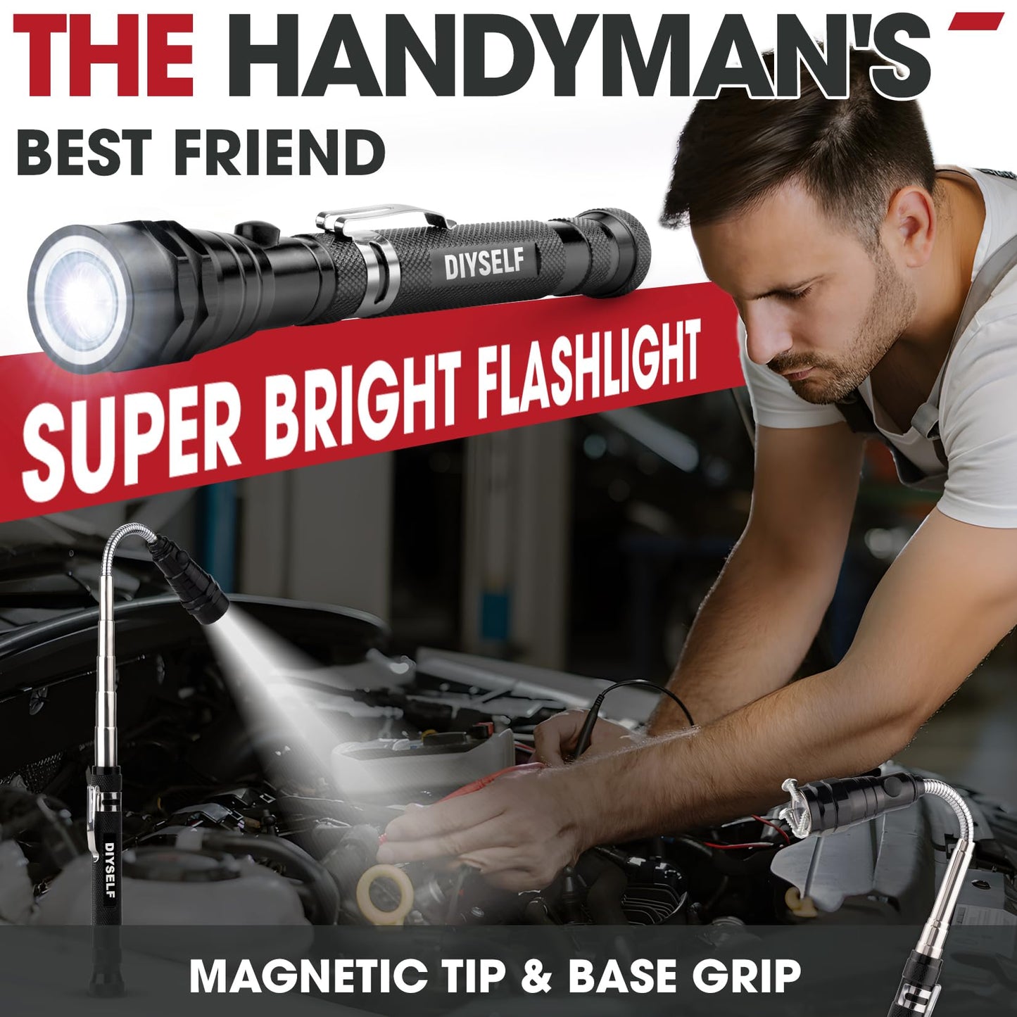 DIYSELF Magnetic Pickup Tool, Telescoping Magnet Stick, LED Flashlight, Flexible Magnetic Pickup Tool, Extendable Magnet Tool for Mechanics, Auto, Inspection Mirror, Cool Gadgets for Men, Gift for Him