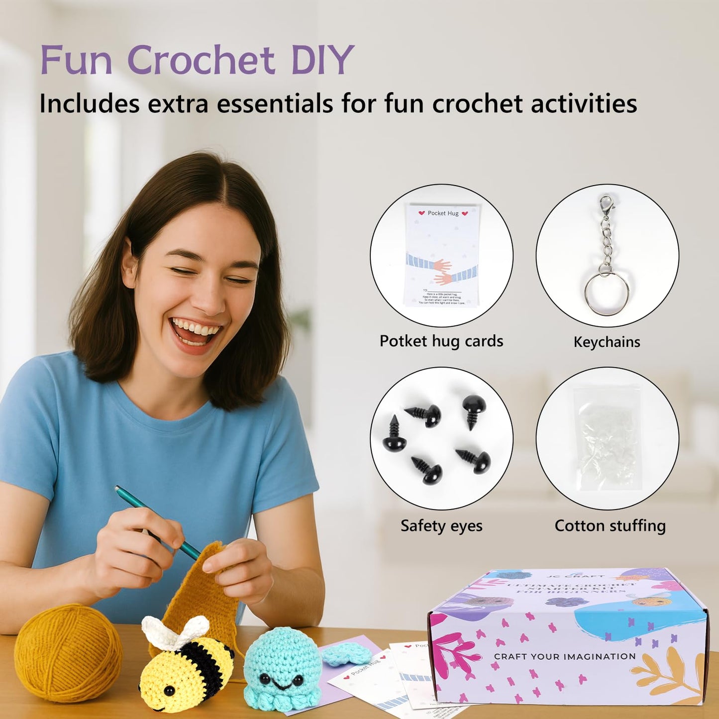 JC CRAFT Beginner Crochet Kit – 81 Piece Starter Set with 15 Colorful Yarns, Ergonomic Hooks, Complete Supplies, White Tote Bag, Accessories Case, Guide Book & Online Video Lessons
