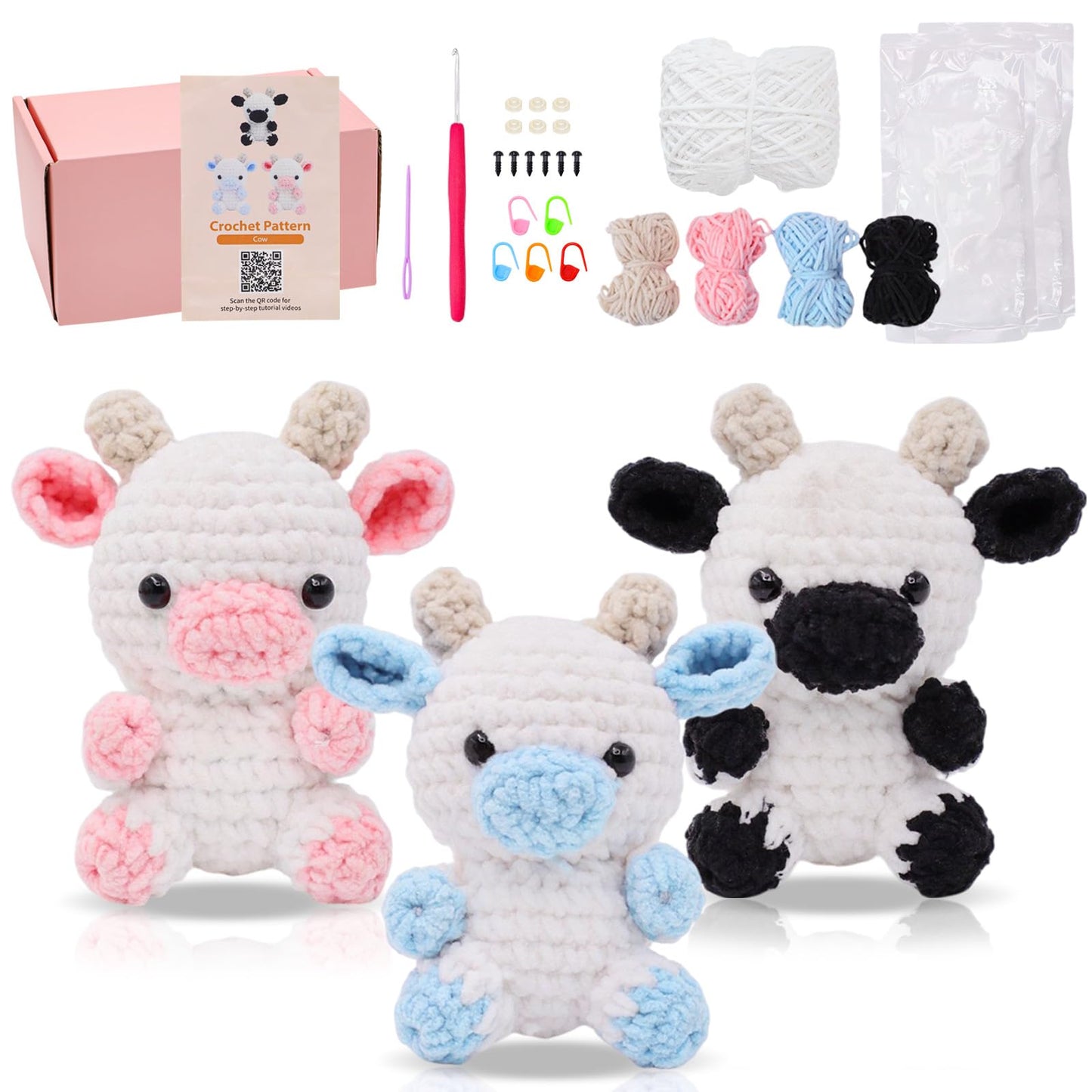 Crochet Starter Kit for Beginners, 3 Cute Animal Cow Pattern, Crochet Starter Kit Beginner for Adults Knitting Hooks and Yarn Set with Video Tutorial