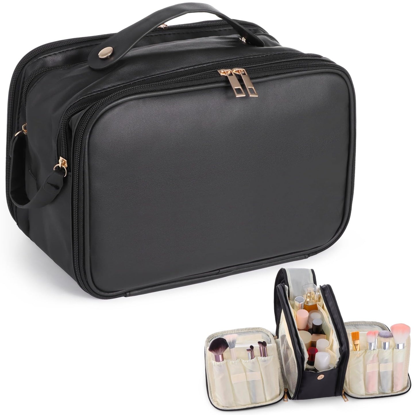 DORMIYA Black Travel Makeup Bag for Women - Large Capacity Cosmetic Organizer, Multi-Layer Toiletry Bag with Handle, Waterproof PU Leather Portable Makeup Zippered Case with Standing Brush Holder