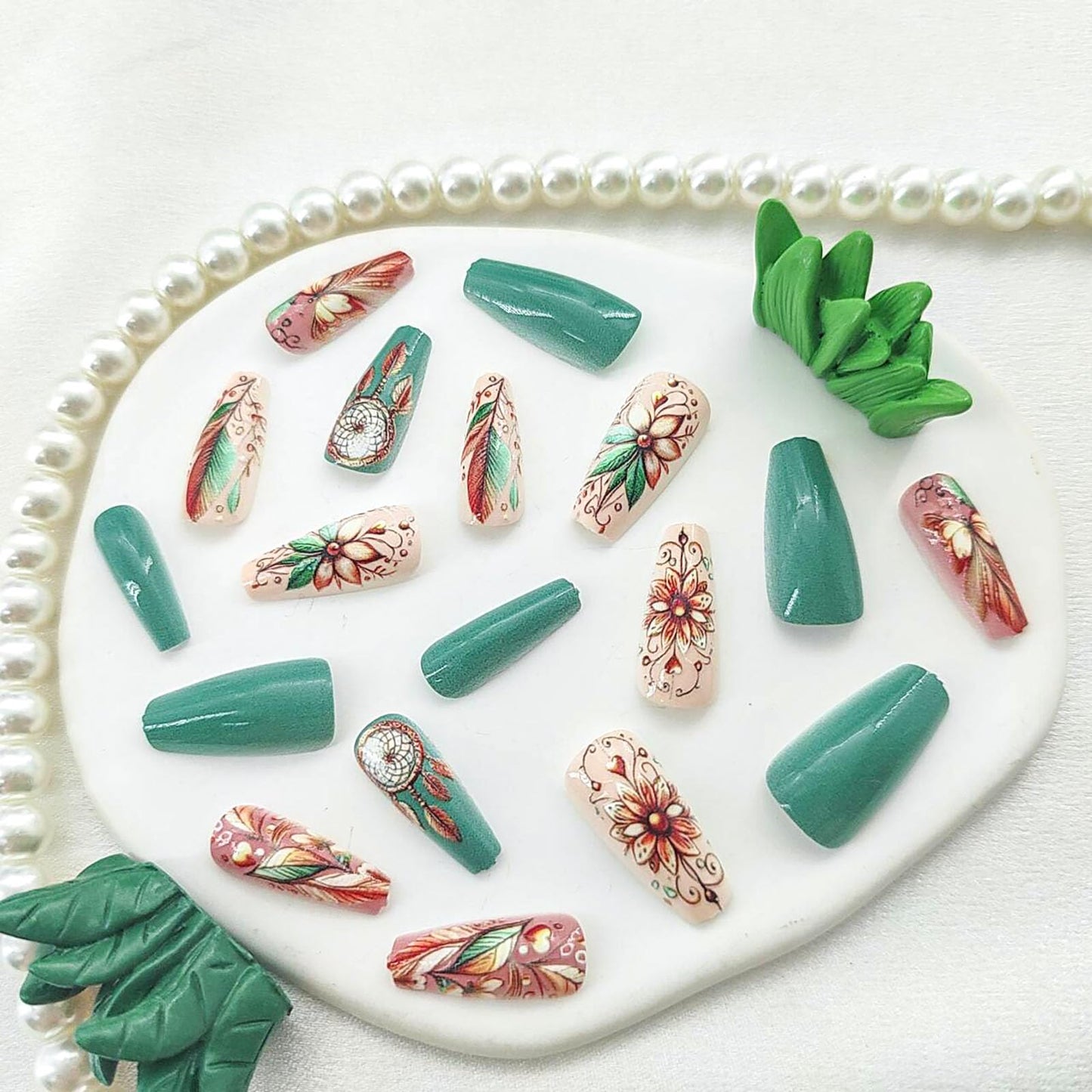 Green Press on Nails Coffin Medium Fake Nails with Butterfly Flower Designs Full Cover Nails Press ons Glossy Glue on Nails Cute False Nails Spring Acrylic Nails Summer Stick on Nails for Women 24Pcs