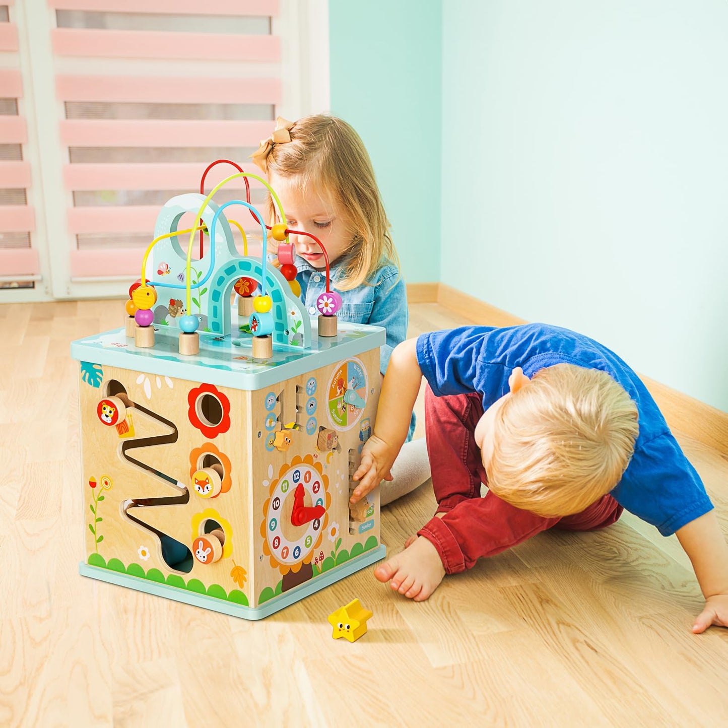 OOOK All-in-one Activity Center, 5 in 1 Baby Activity Table with Gear Game, Kids Sensory Table Play Cube with Montessori Calendar, Bead Maze, Shape Sorter, Ball Drop and More