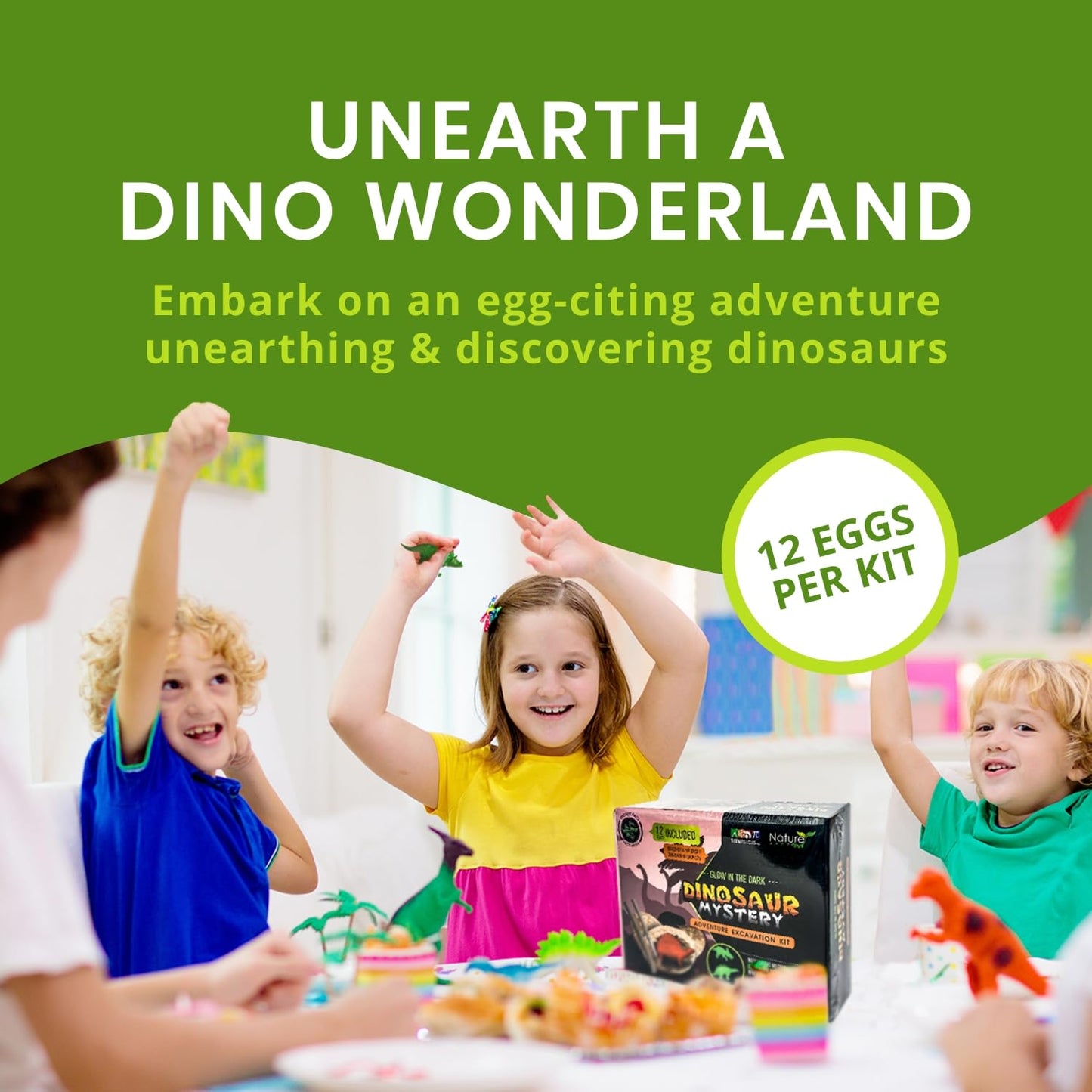 Nature Gear Dino Dig Kit for Kids, Dinosaur Eggs Digging Kit, Educational Egg Excavation Kit with 12 Glow in The Dark Mystery Dinosaurs, Interactive Archaeology Fossil Toy for Kids Age 3-5 and Up