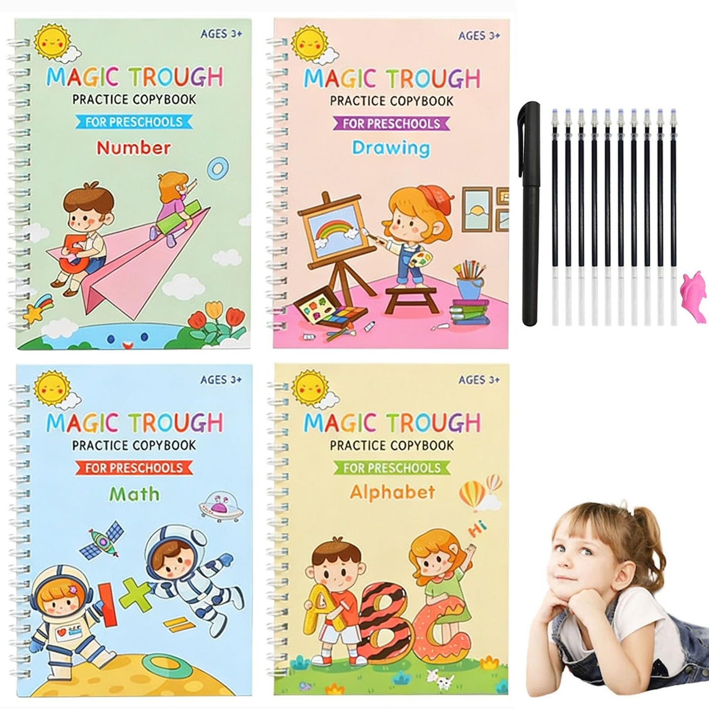Magic Grooved Writing Books for Kids, Handwriting Practice for Ages 5–7, Tracing Books for Kids Ages 3–5, Preschool & Kindergarten Workbook with Letters, Numbers, Math & Drawing
