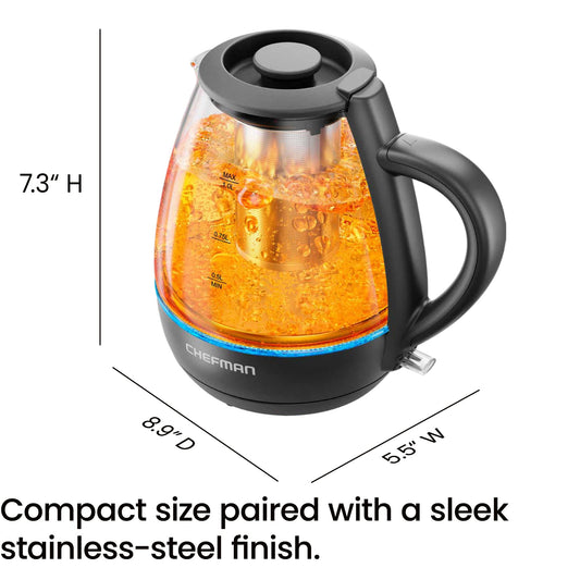 Chefman Electric Kettle with Tea Infuser, Compact 1L (4 Cups), 1500W, Removable Lid for Easy Cleaning, Boil-Dry Protection, Stainless Steel Filter, BPA Free, Auto Shut Off, Small Electric Tea Kettle
