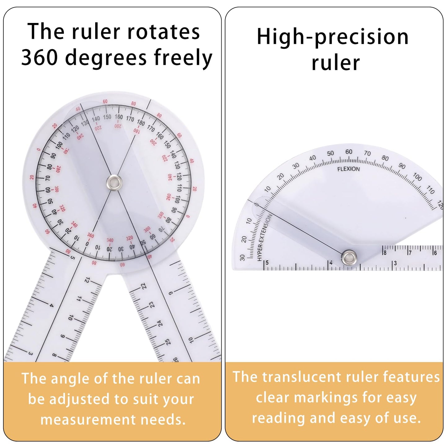 6pcs Goniometer Set, 360 Degree Transparent Finger Protractor 6/8/12 Inch Angle Ruler Measurement Tool for Physical