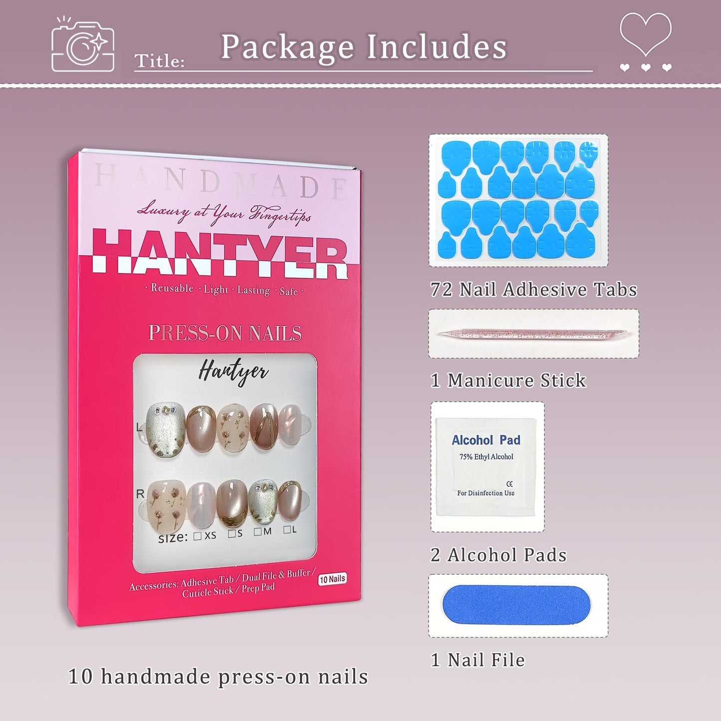 Hantyer Soft Glam Pink Cat Eye Press on Nails with Hand-Painted Tulips, Rhinestones & Gold Lines - Short Oval Glossy Fake Nails, Reusable Elegant False Nails for Women Fall Winter Party Date, Size S
