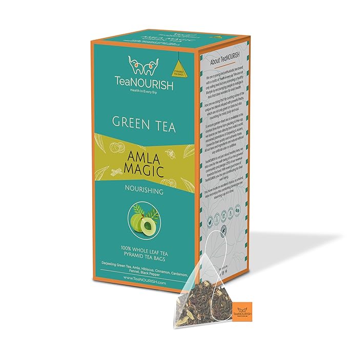 TeaNOURISH Amla Magic Green Tea | 20 Count Pyramid Tea Bags | Whole Leaf Tea | Blended with Amla, Hibiscus, Fennel, Cardamom & Cinnamon | 100% NATURAL INFUSION